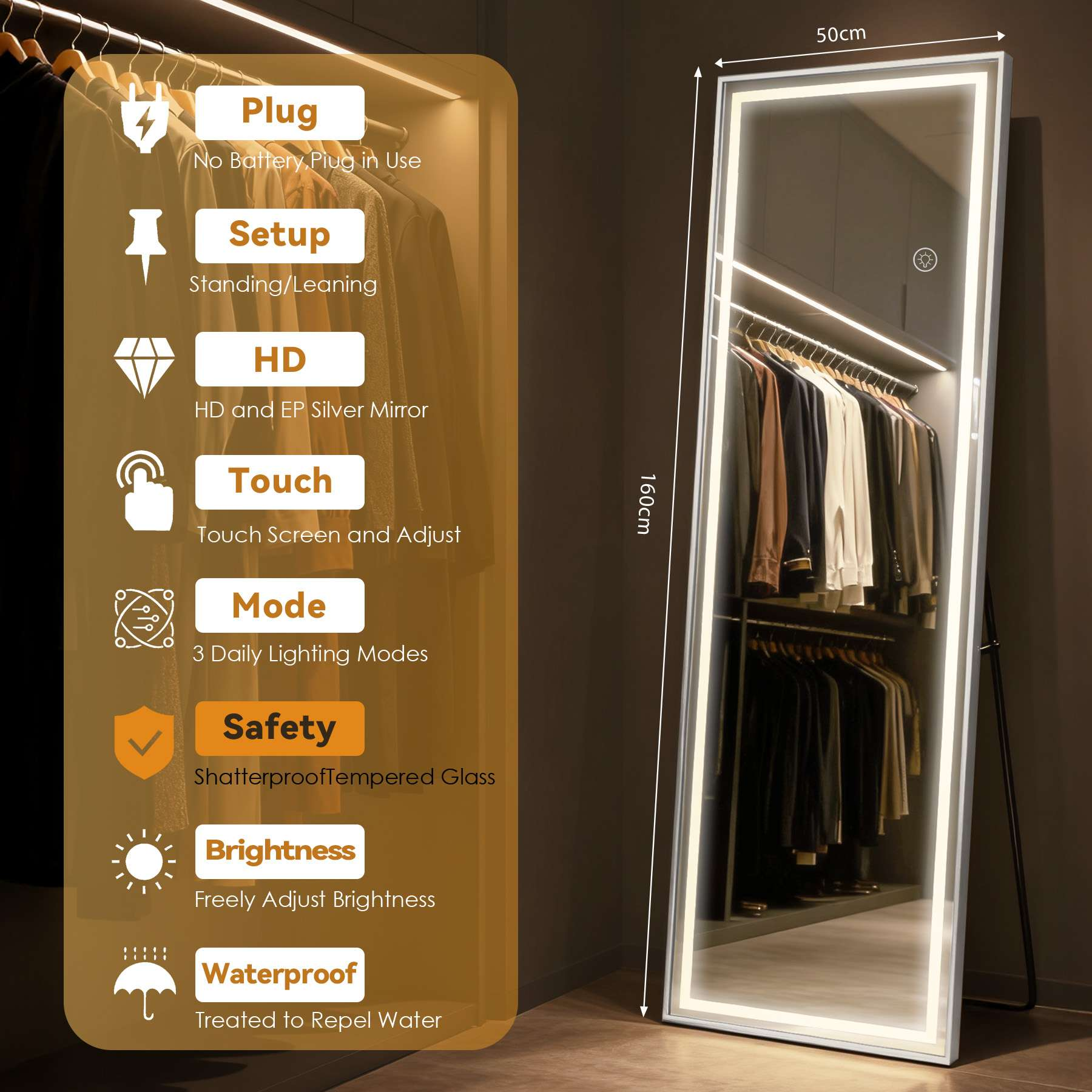 Ein Ganzkörperspiegel mit LED-Beleuchtung. Merkmale sind Touchscreen, mehrere Beleuchtungsmodi und wasserdichtes Design. Kleidung ist zu sehen.