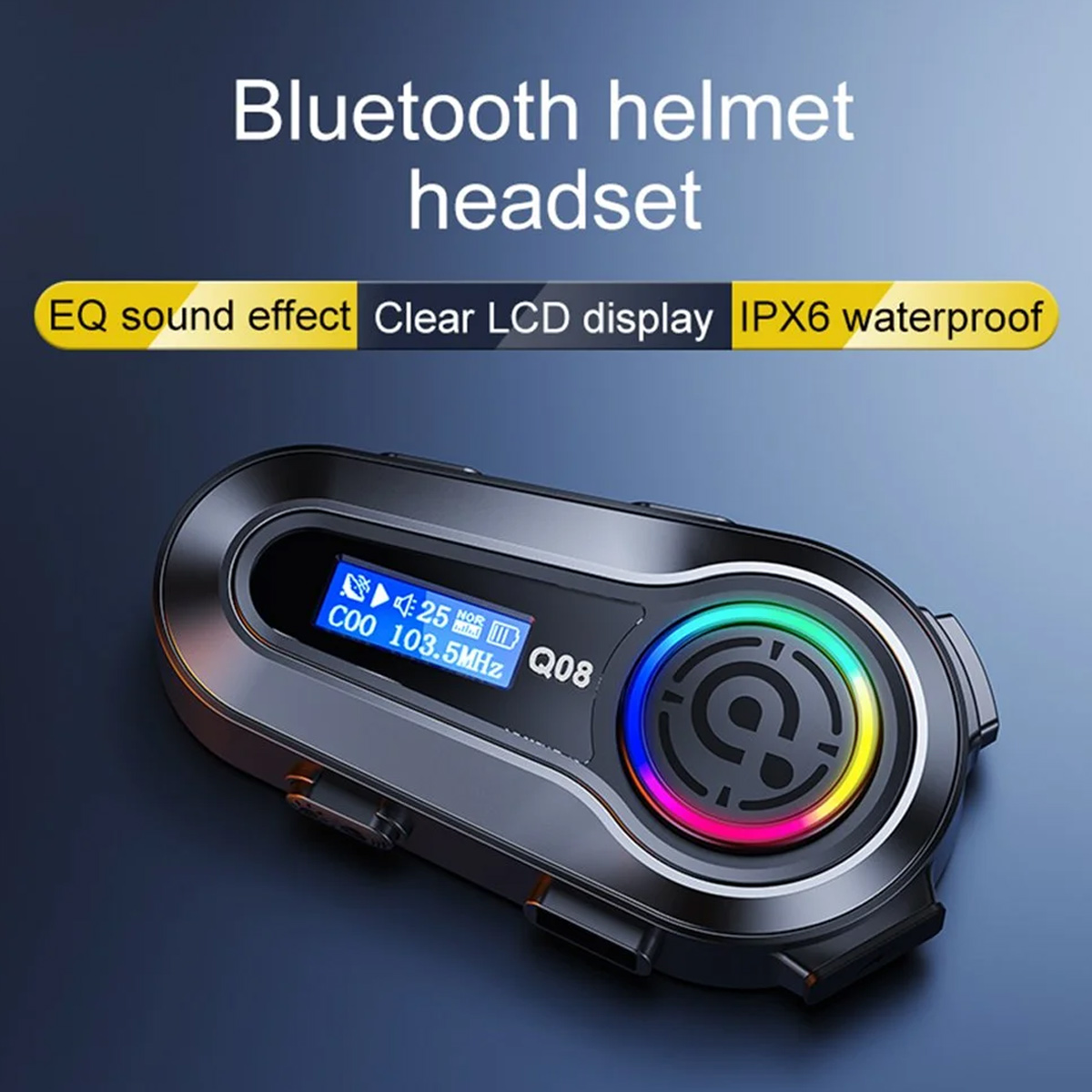 Ein schwarzes Bluetooth-Helm-Headset mit einem übersichtlichen LCD-Display. Das Gerät hat eine kreisförmige Taste mit Regenbogenlichtern.