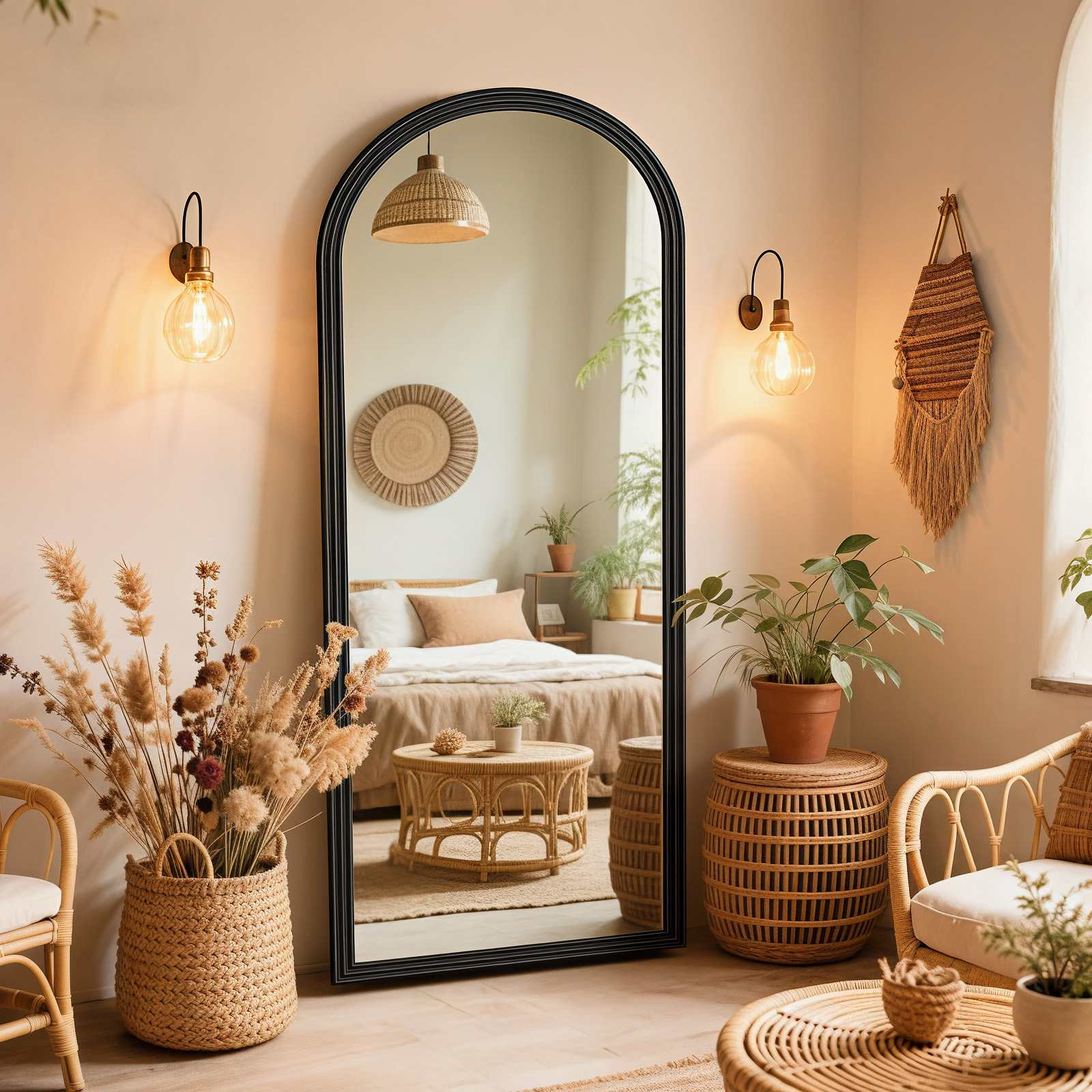 Ein Zimmer mit großem Spiegel, Pflanzen, Bett und Rattanmöbeln. Warme Beleuchtung und neutrale Farbpalette.