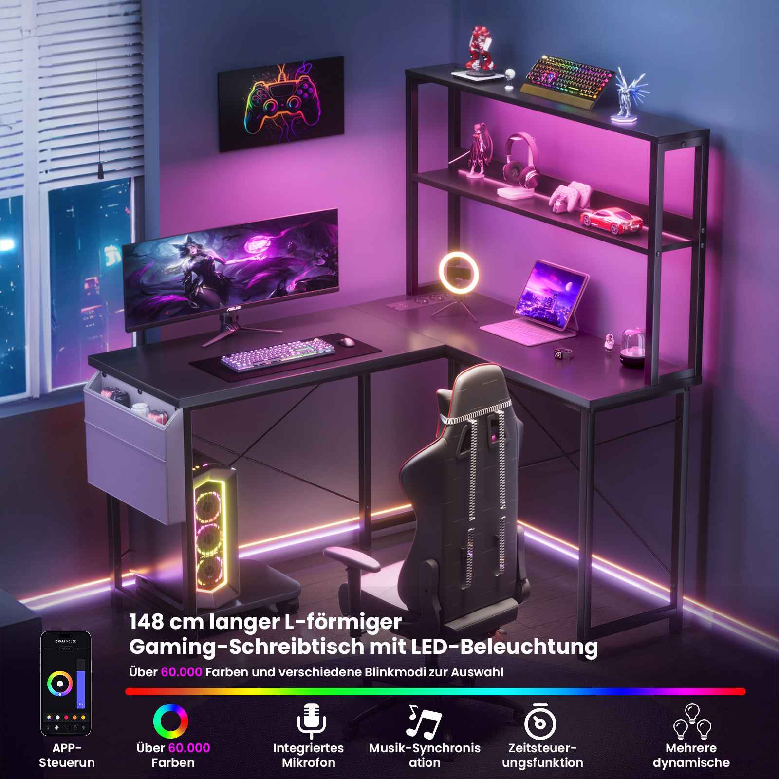 Gaming-Schreibtisch mit LED-Beleuchtung. Enthält Monitor, Tastatur, Gaming-Stuhl und Regale mit Zubehör.