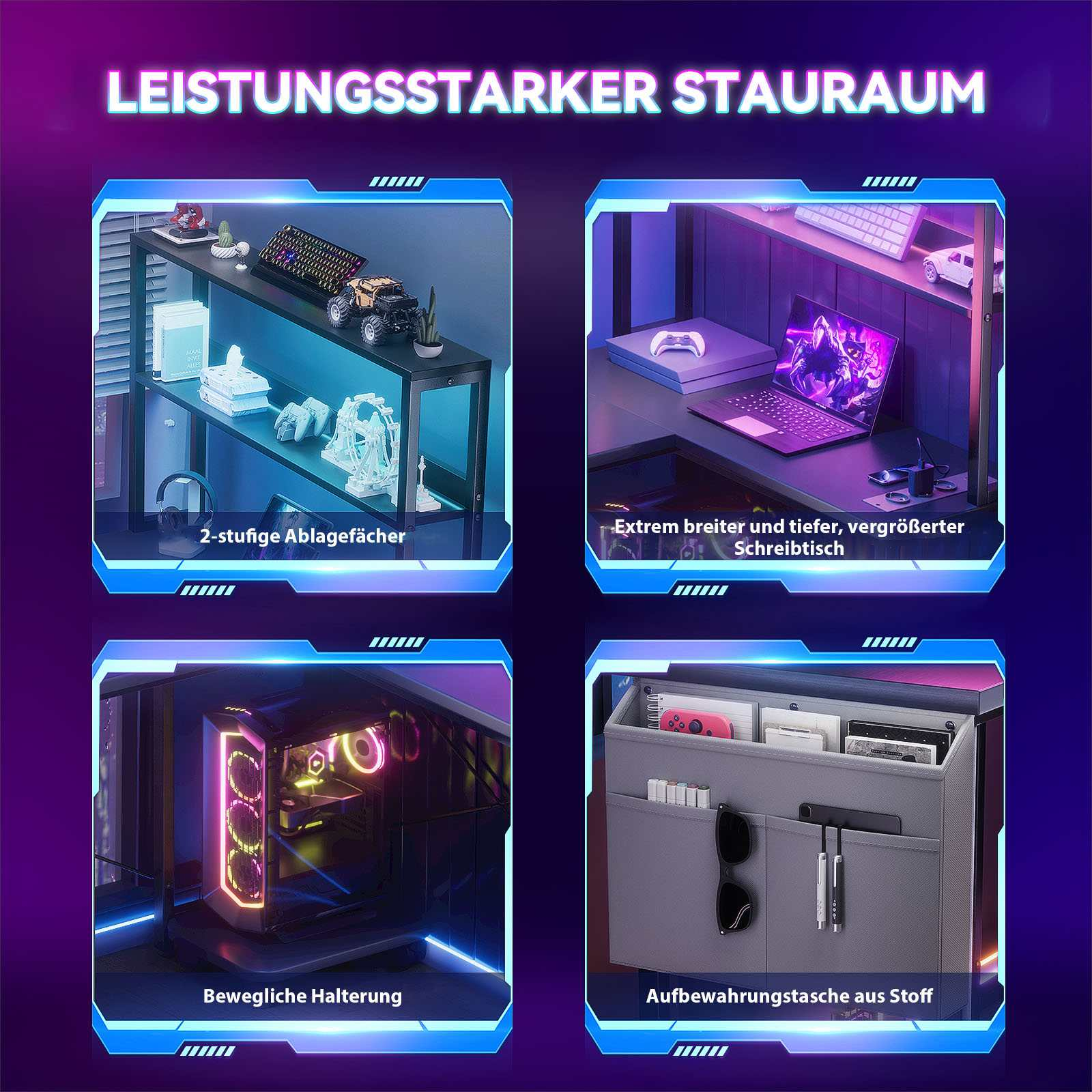 Das Bild zeigt ein Schreibtisch-Setup mit Zubehör und Aufbewahrungslösungen, darunter Computer und Gaming-Zubehör.