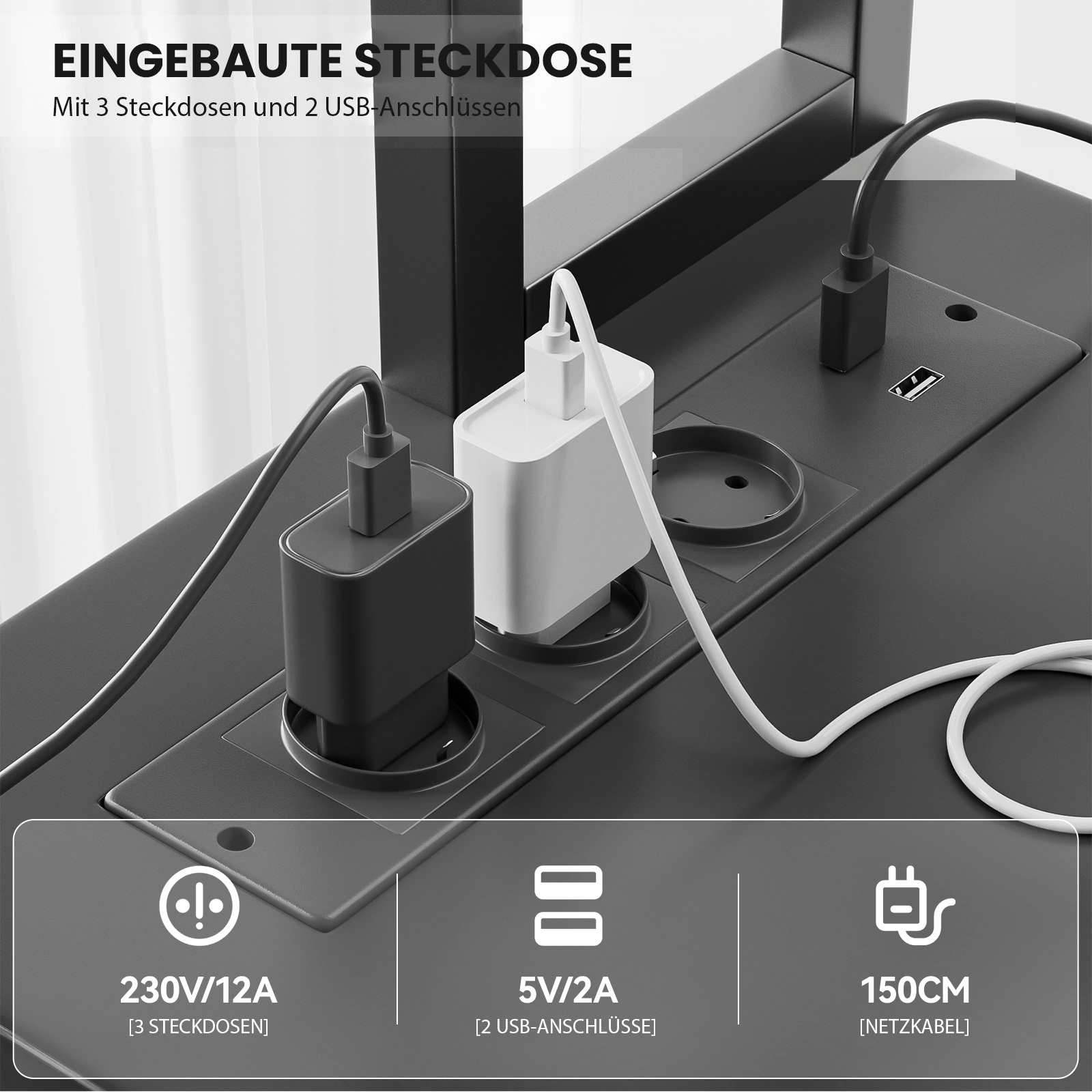 Nahaufnahme einer eingebauten Steckdose mit Ladegeräten und Steckdosen. Text: 230V/12A, 5V/2A und 150cm Kabel.