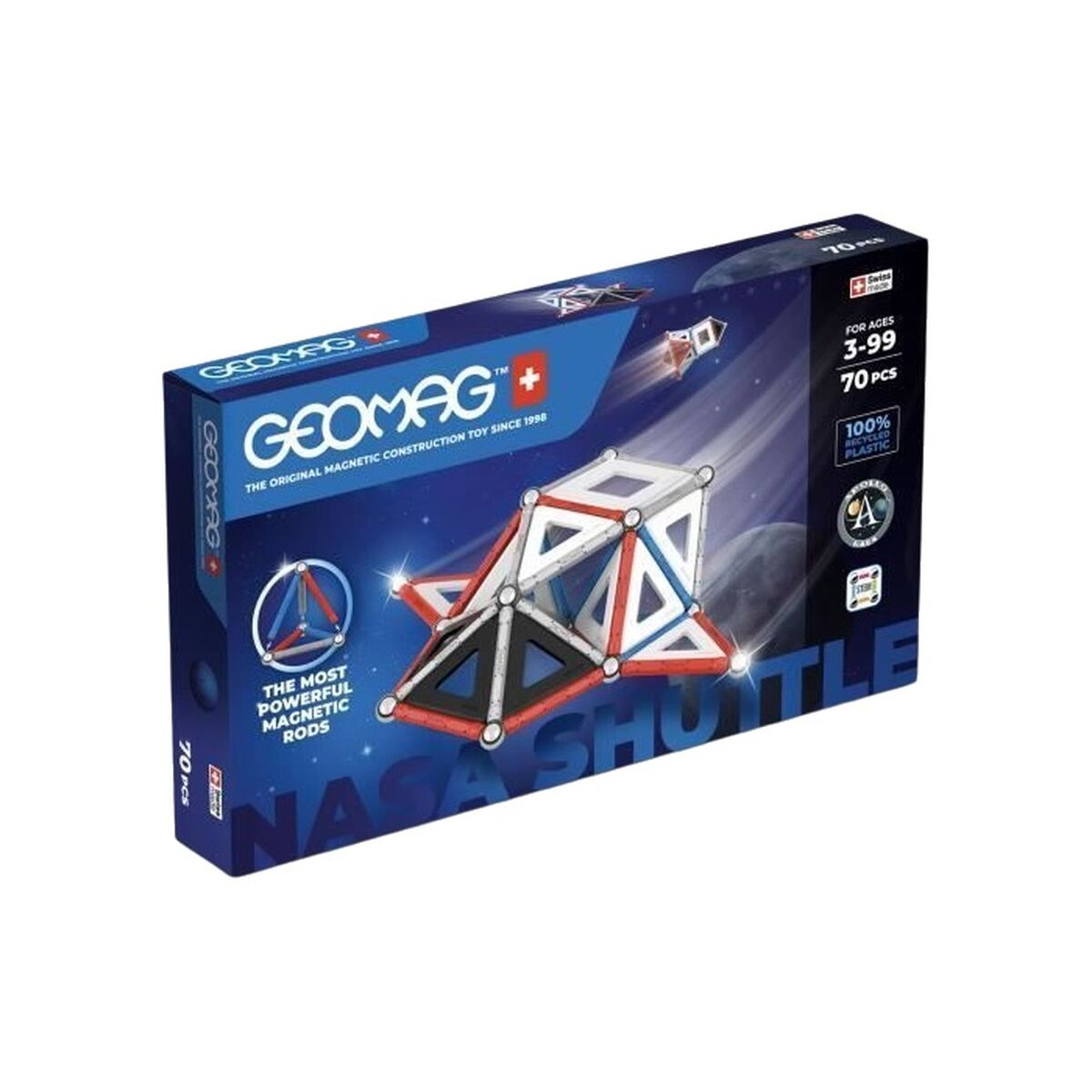 Schachtel mit Geomag NASA Shuttle Konstruktionsspielzeug. Es hat Magnetstäbe und geometrische Formen. Die Schachtel ist blau mit weißem Text.