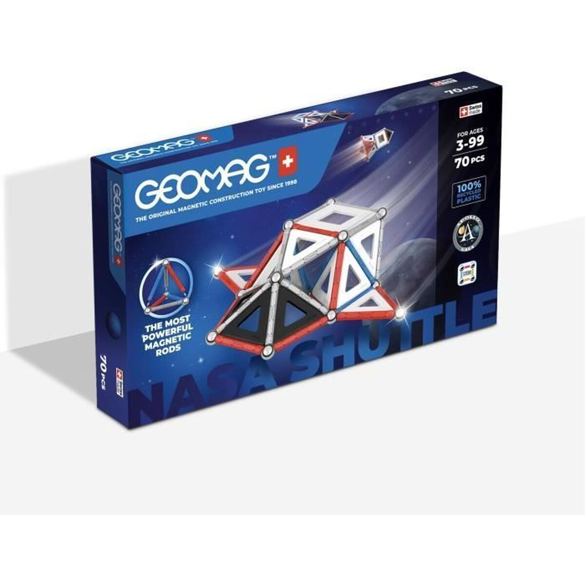 Eine Geomag-Spielzeugkiste mit einem magnetischen Konstruktionsspielzeug. Es zeigt ein Shuttle aus roten, weißen, blauen und schwarzen Magnetstäben.