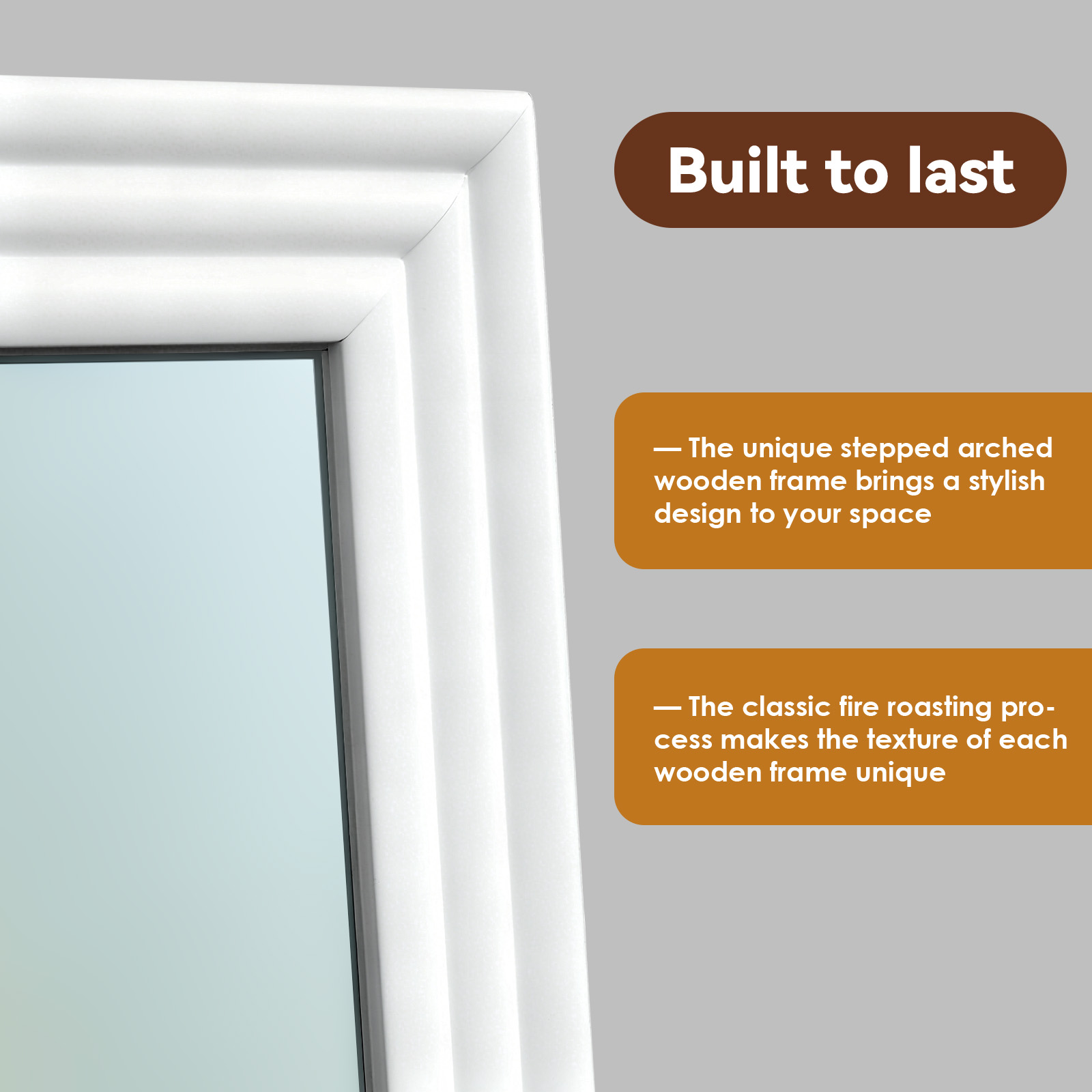 Weißer, abgestufter Holzrahmen um Glas, Text sagt 'Built to last' und Produktdetails.