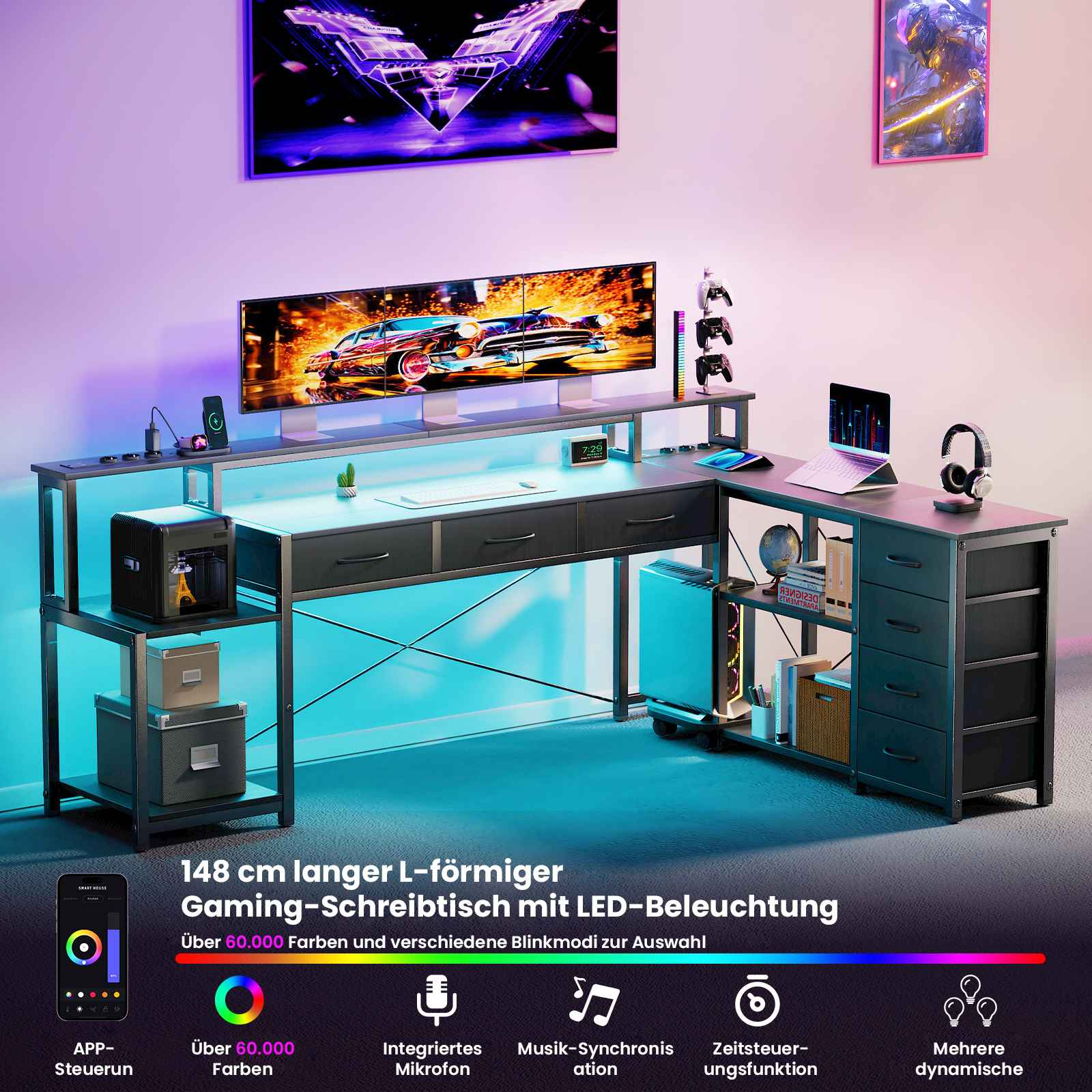 Gaming-Schreibtisch mit LED-Beleuchtung. Er hat einen Computer, Monitor, Kopfhörer und Controller. Der Schreibtisch hat Schubladen und Regale.