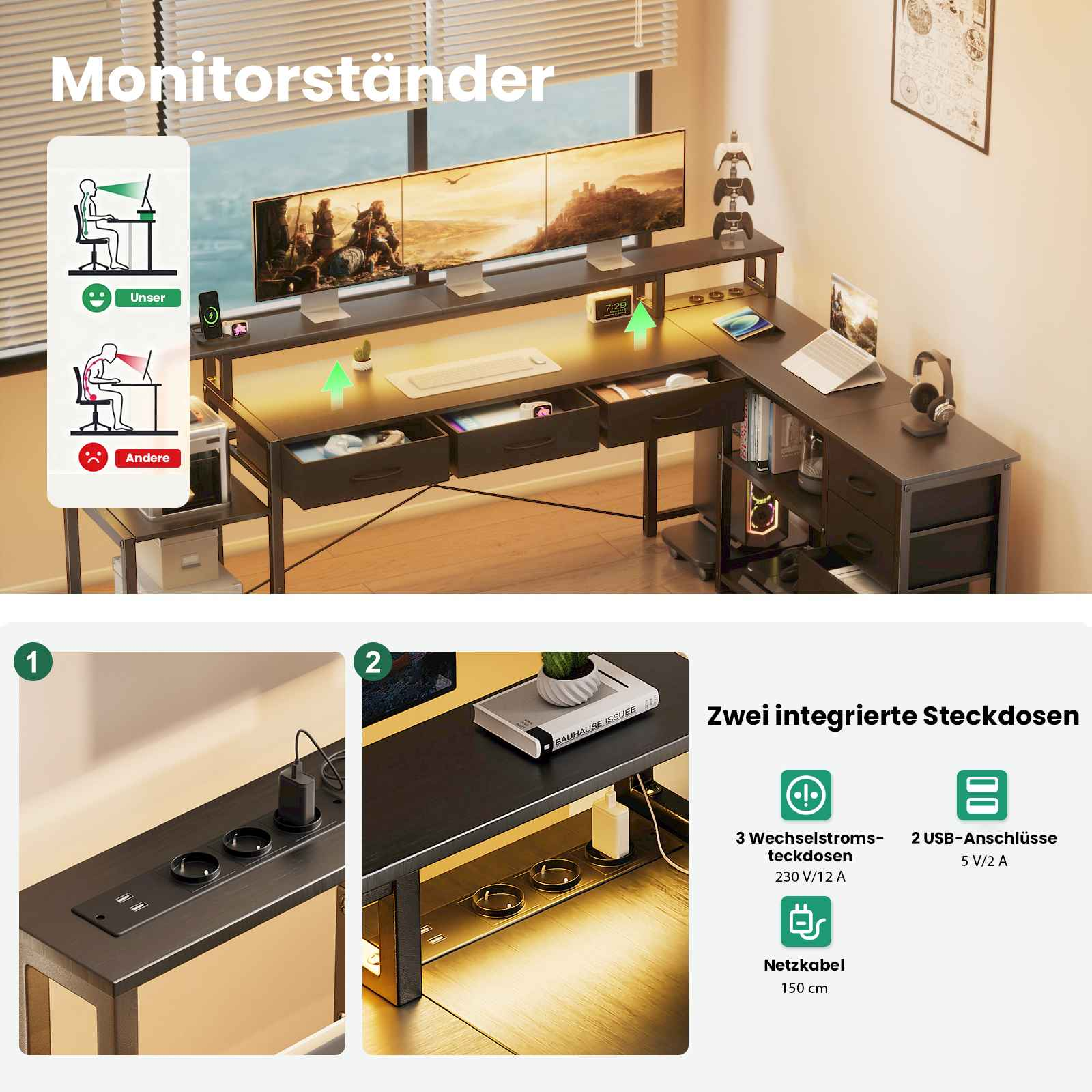 Ein Bürotisch mit Monitoren, Schubladen und Steckdosen. Enthält Diagramme mit richtiger und falscher Haltung.