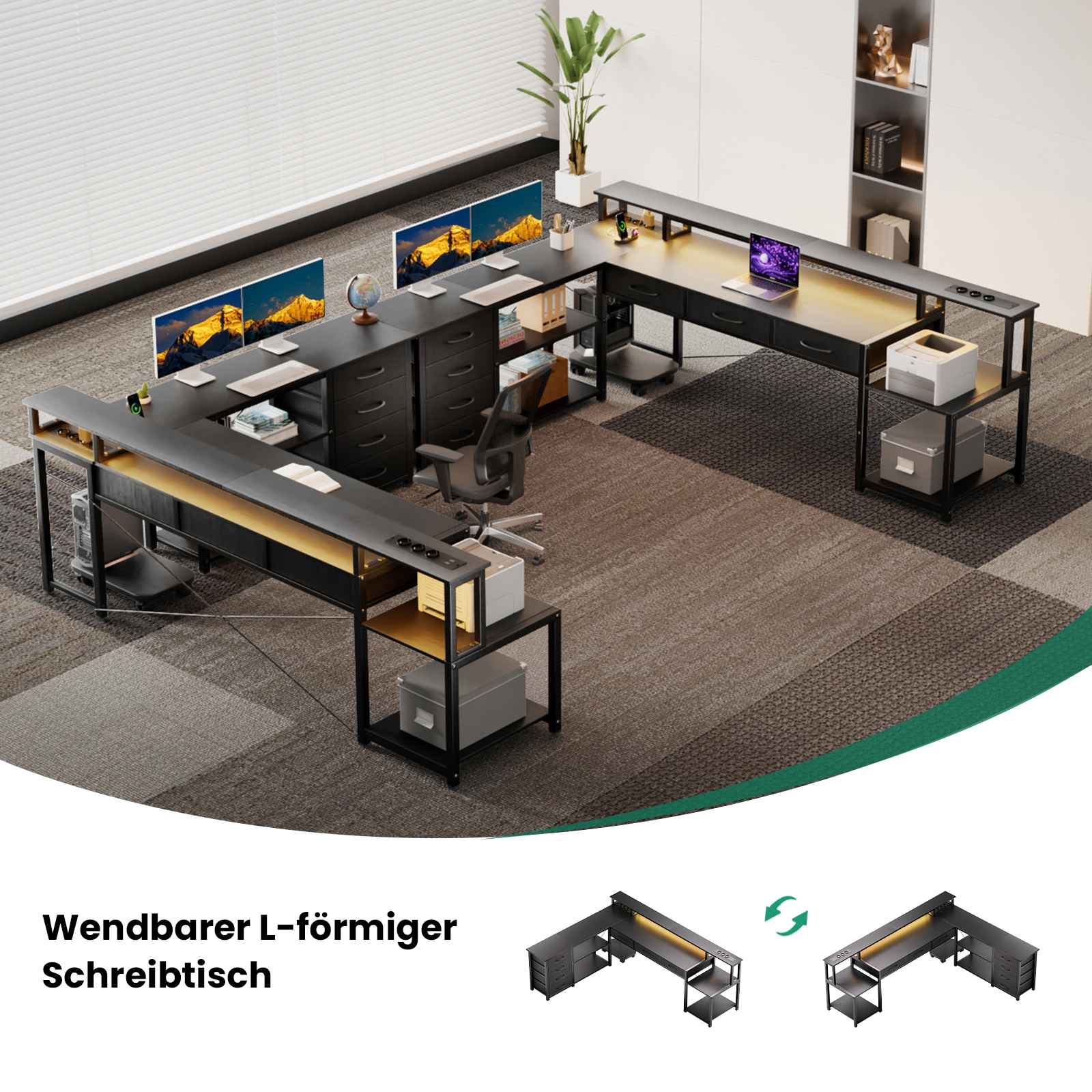 L-förmiger schwarzer Schreibtisch mit Monitoren, Laptop, Regalen und Schubladen. Teppichboden und weiße Wand im Hintergrund.