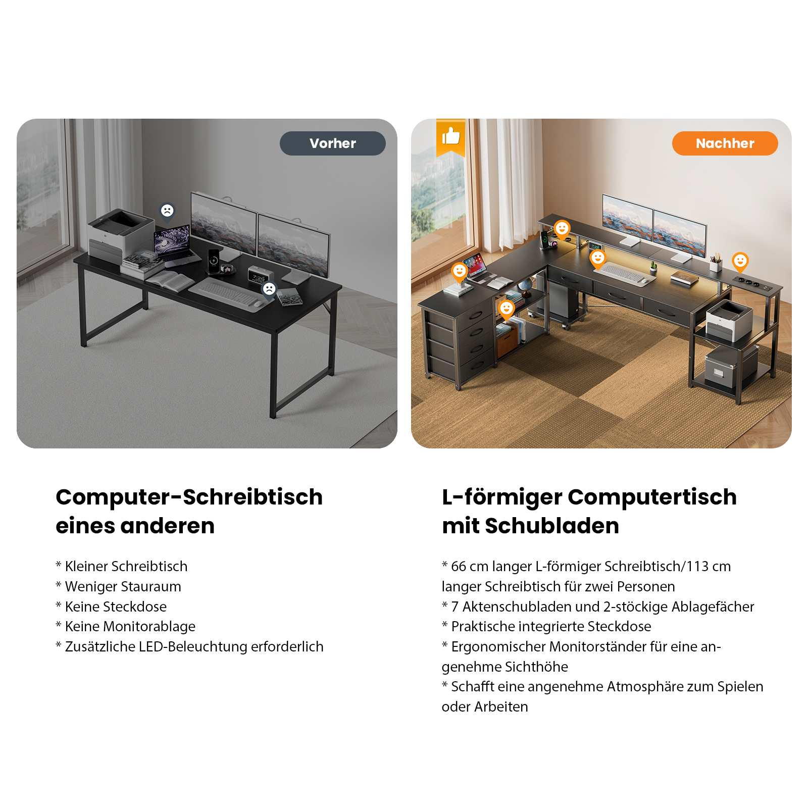 Ein geteiltes Bild zeigt zwei Schreibtische. Einer ist kleiner mit weniger Stauraum, der andere ist größer, L-förmig, mit Schubladen.