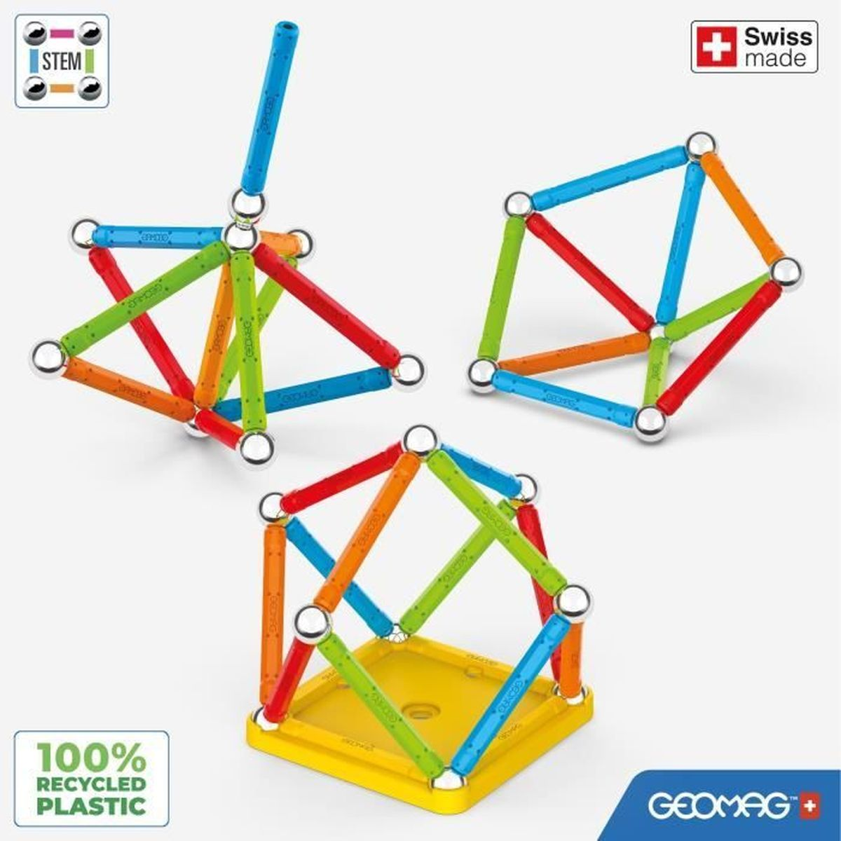 Giocattoli da costruzione magnetici colorati in varie forme. Logo STEM e distintivo Swiss made visibili. Etichetta 100% plastica riciclata.