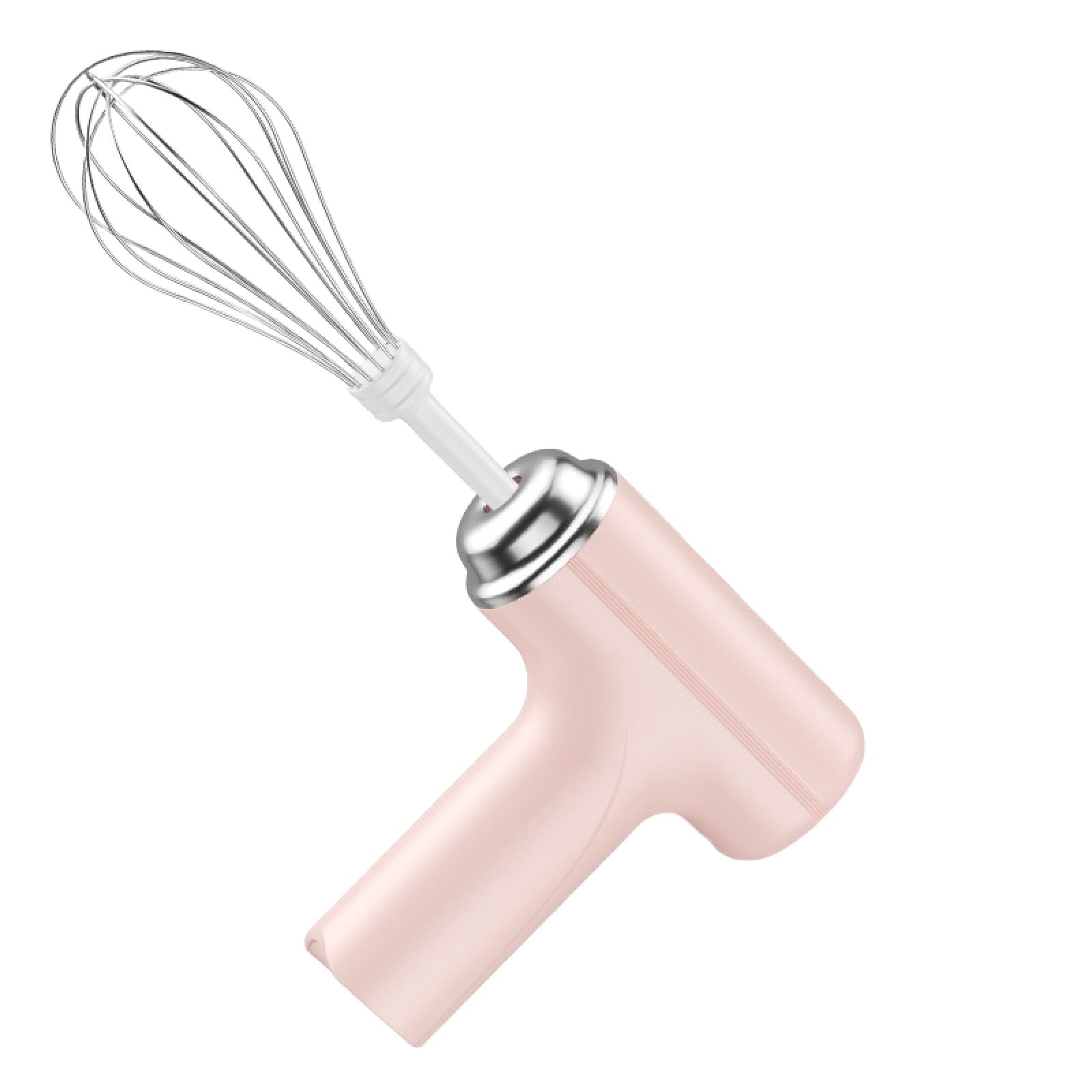 Ein handgehaltener, rosa elektrischer Schneebesen mit einem Schneebesenaufsatz aus Edelstahl. Der Hintergrund ist weiß.