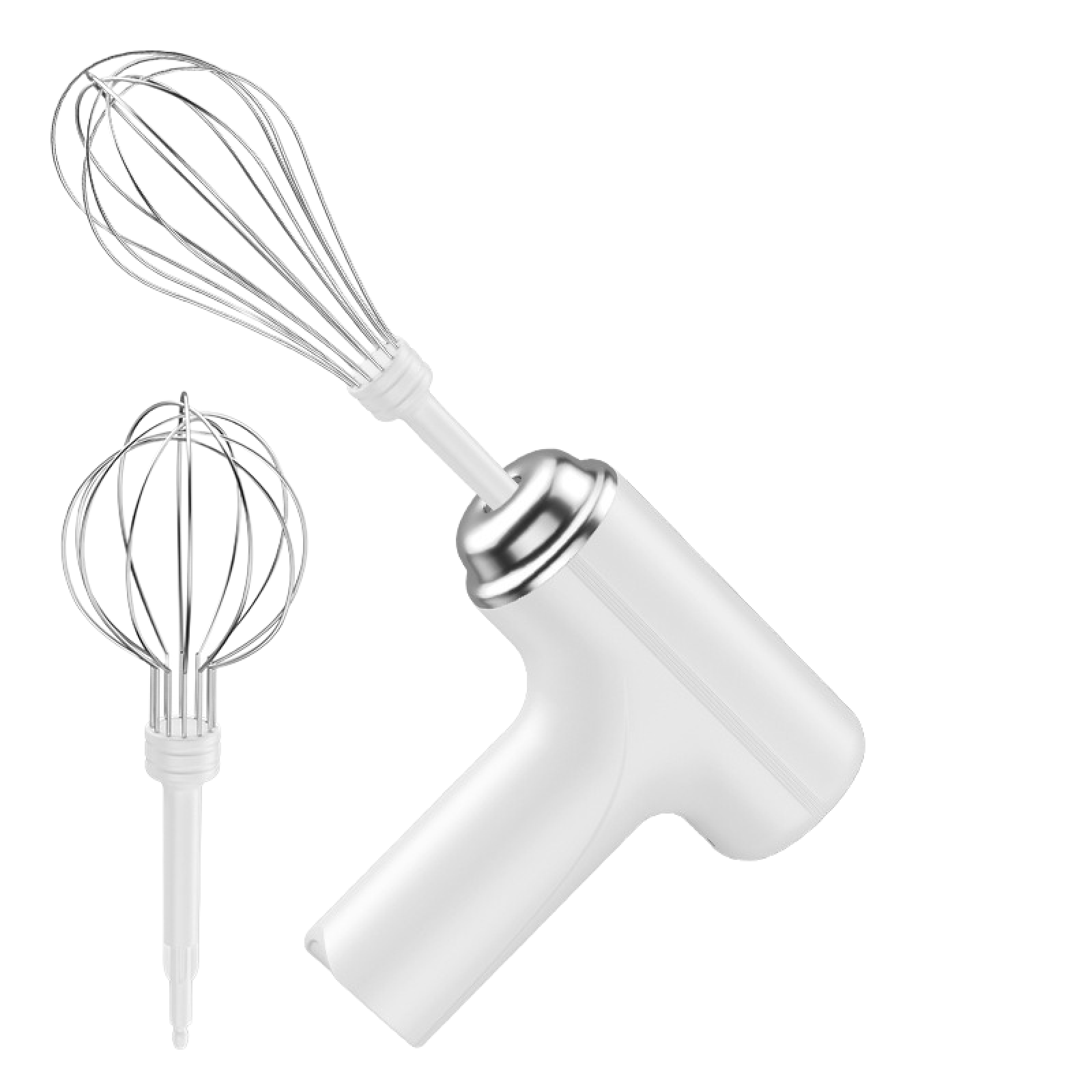 Ein weißer elektrischer Handmixer mit zwei Schneebesenaufsätzen auf weißem Hintergrund. Ein Schneebesen ist abgetrennt.