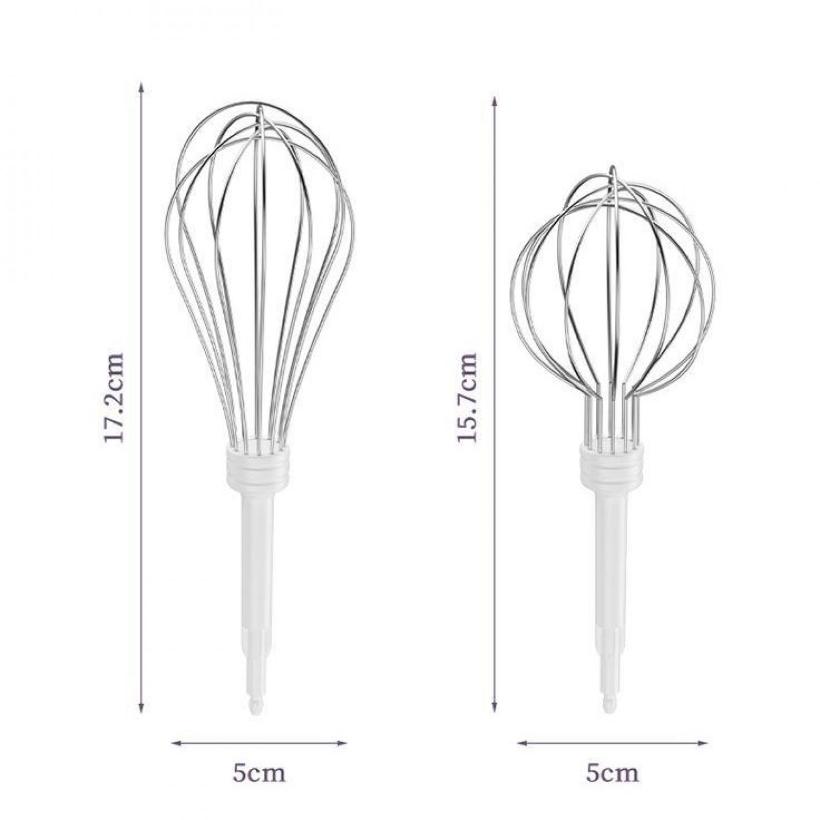 Zwei Schneebesen, einer 17,2 cm, der andere 15,7 cm, mit 5 cm Basis. Weiße Griffe. Silberdrähte.