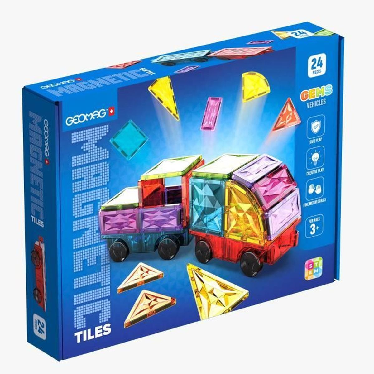 Eine Schachtel mit Geomag-Magnetplättchen, die einen Spielzeug-LKW aus bunten, durchscheinenden Plättchen zeigt. Die Schachtel hat Text und Illustrationen.