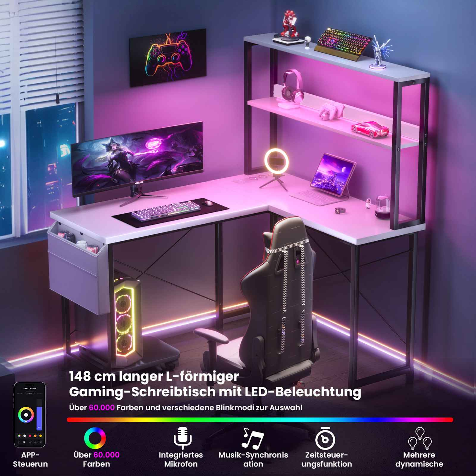Gaming-Schreibtisch mit LED-Beleuchtung. Er hat einen Monitor, eine Tastatur, einen Gaming-Stuhl und ein Regal mit Zubehör.