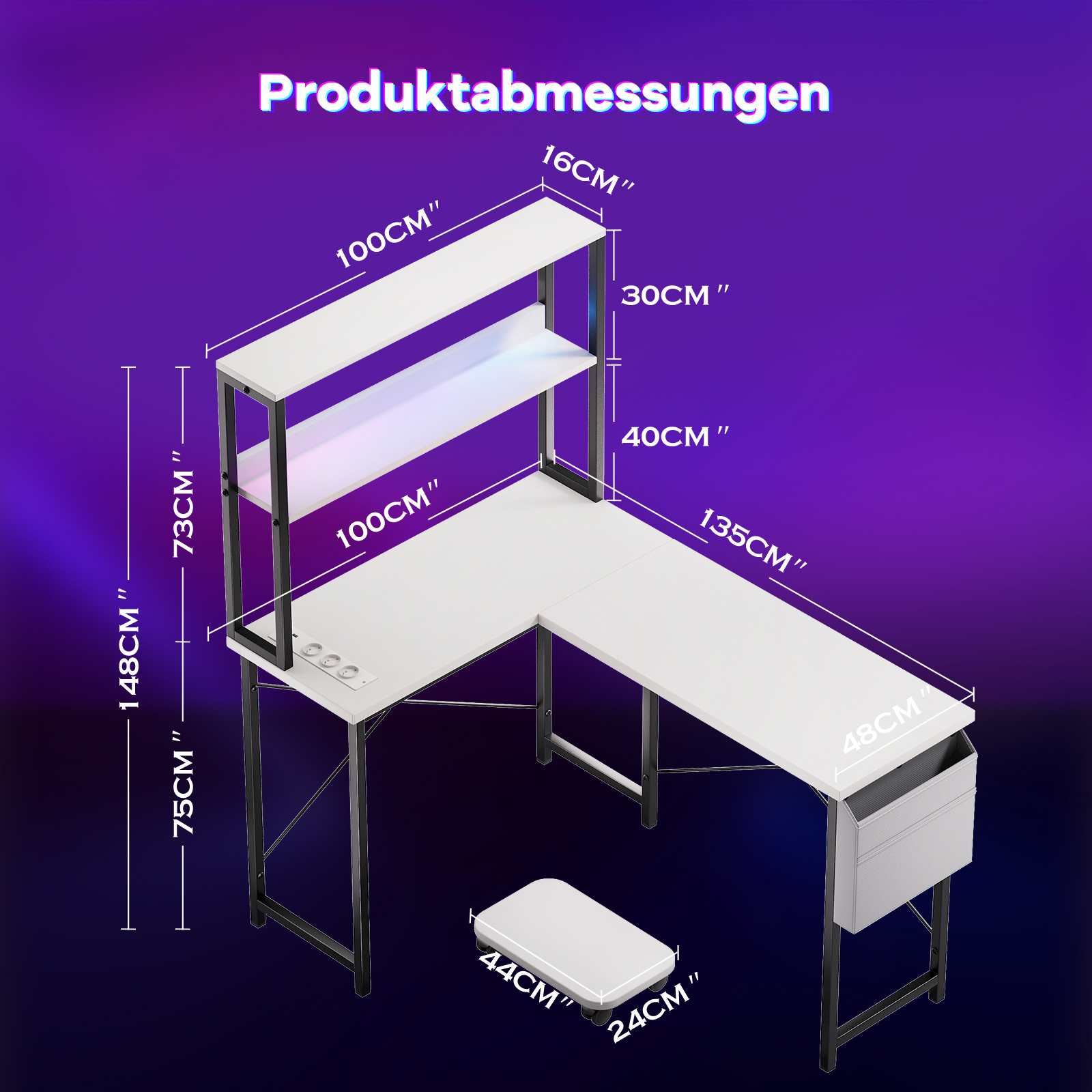 Ein L-förmiger weißer Schreibtisch mit Maßangaben in Zentimetern, mit einem Regal darüber. Inklusive weißer Fußstütze.