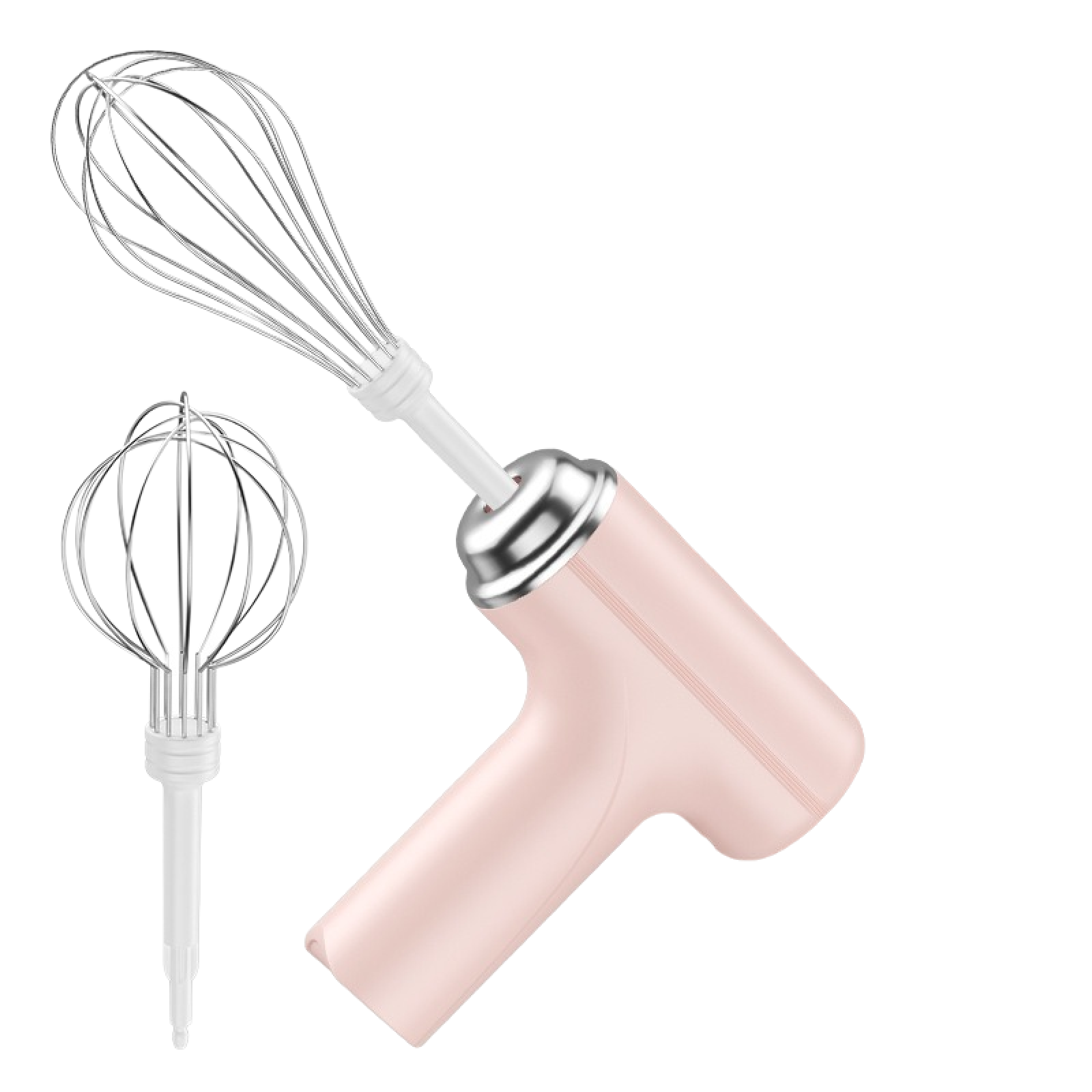 Ein rosa elektrischer Handmixer mit Schneebesenaufsatz und einem abgenommenen Schneebesen. Weißer Hintergrund.