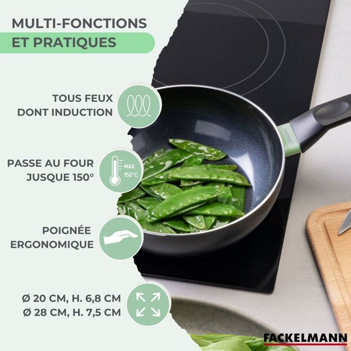 Una padella con fagiolini su un piano cottura nero. Il testo indica che è adatta a tutti i piani cottura, adatta al forno e ha un manico ergonomico.