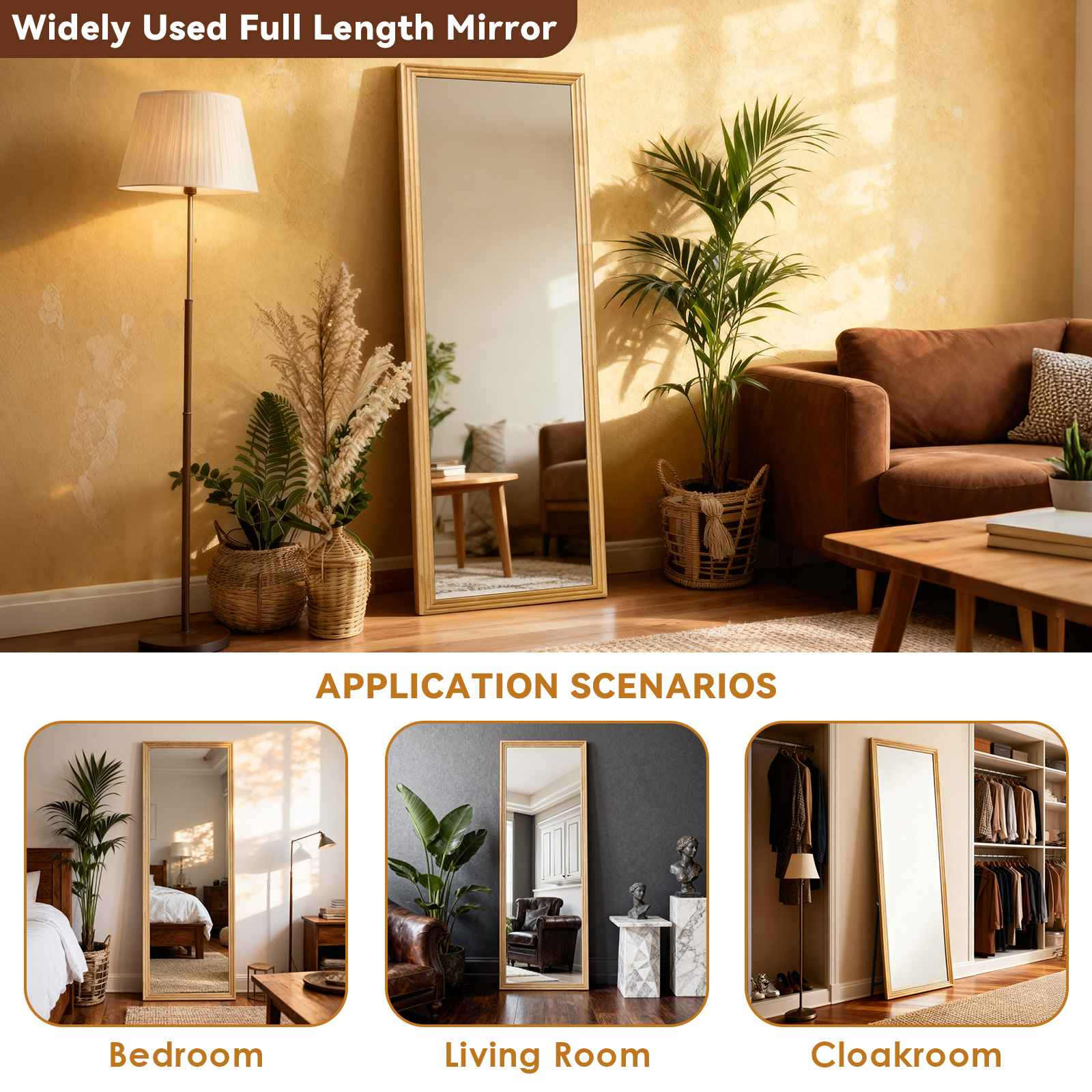 Ein Ganzkörperspiegel, Pflanzen und ein braunes Sofa befinden sich im Raum. Es werden drei Szenarien gezeigt: Schlafzimmer, Wohnzimmer und Ankleidezimmer.