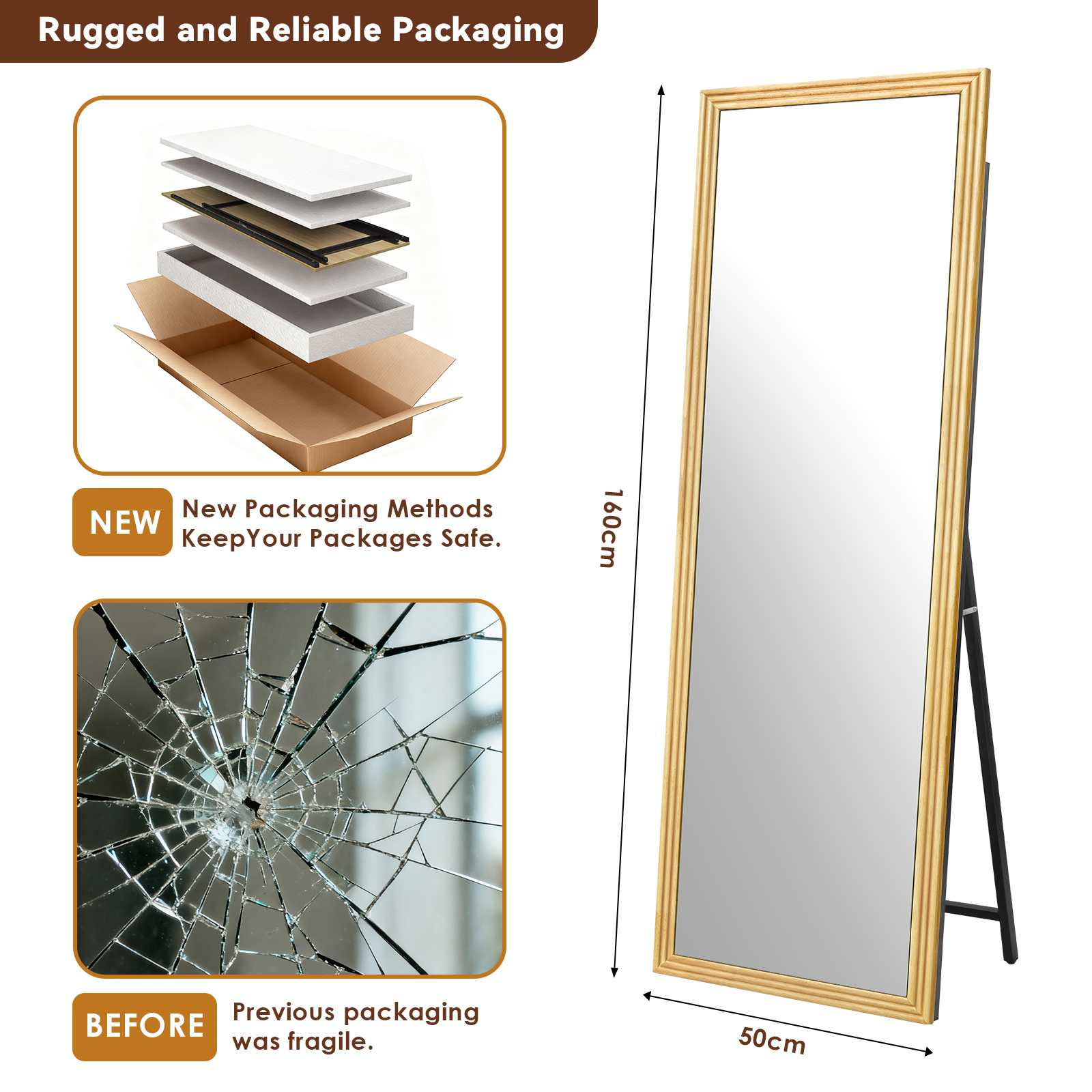 Das Bild zeigt zerbrochenes Glas, einen Spiegel und neue Verpackungsmethoden. Maße: 160 cm x 50 cm. Die Verpackung ist jetzt robuster.