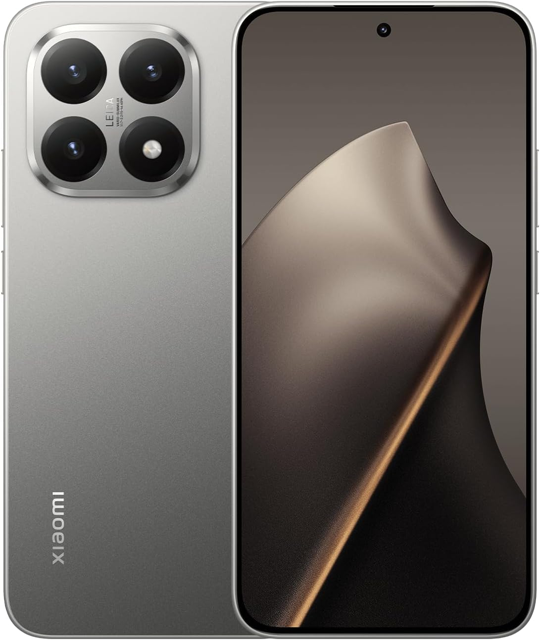 Gümüş Xiaomi telefon. Dört arka kamera, sağda ekran. Leica markası. Sol alt kısımda Xiaomi logosu. Siyah ekran.