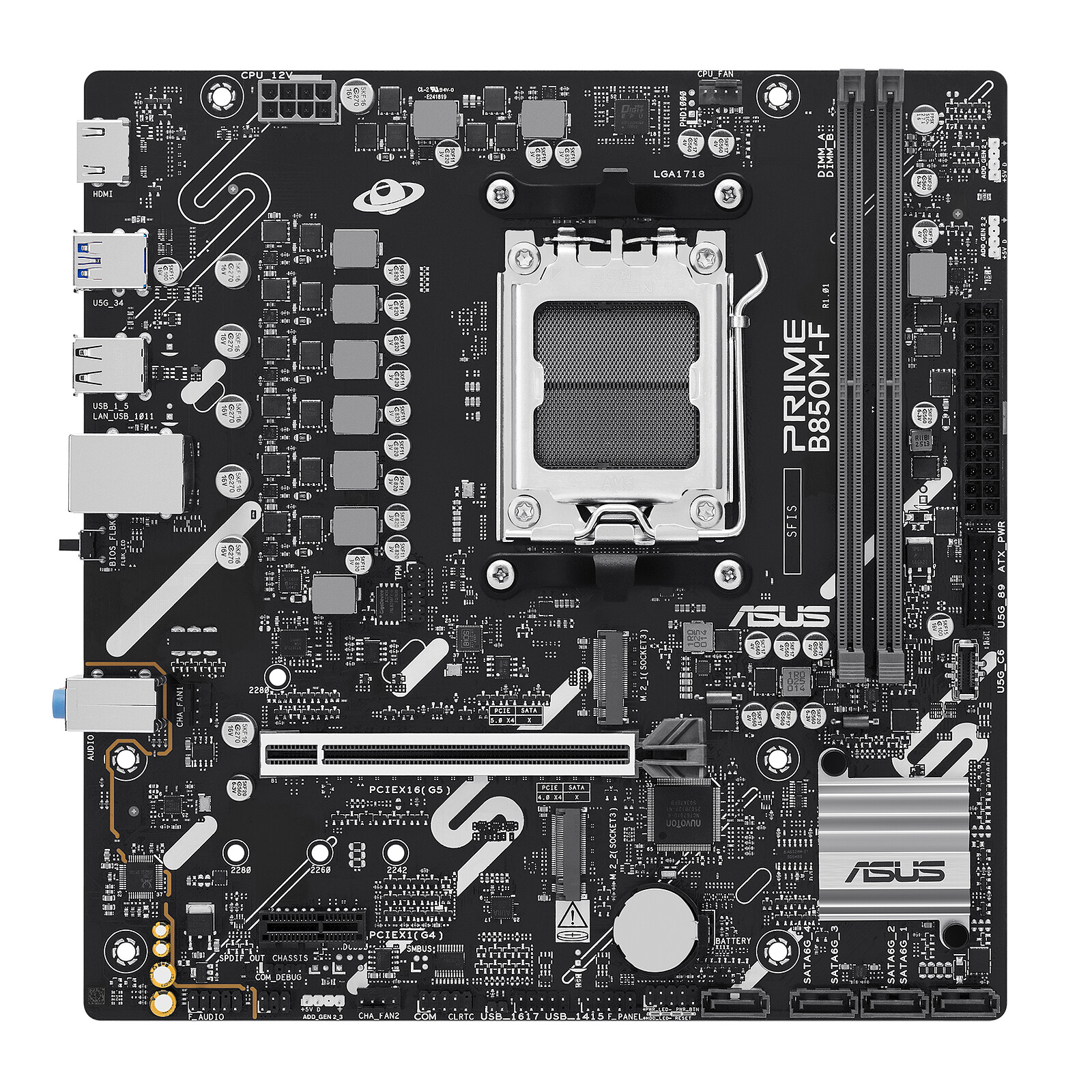 Une carte mère ASUS PRIME B850M-F noire, avec divers ports, emplacements et composants étiquetés et disposés avec soin.