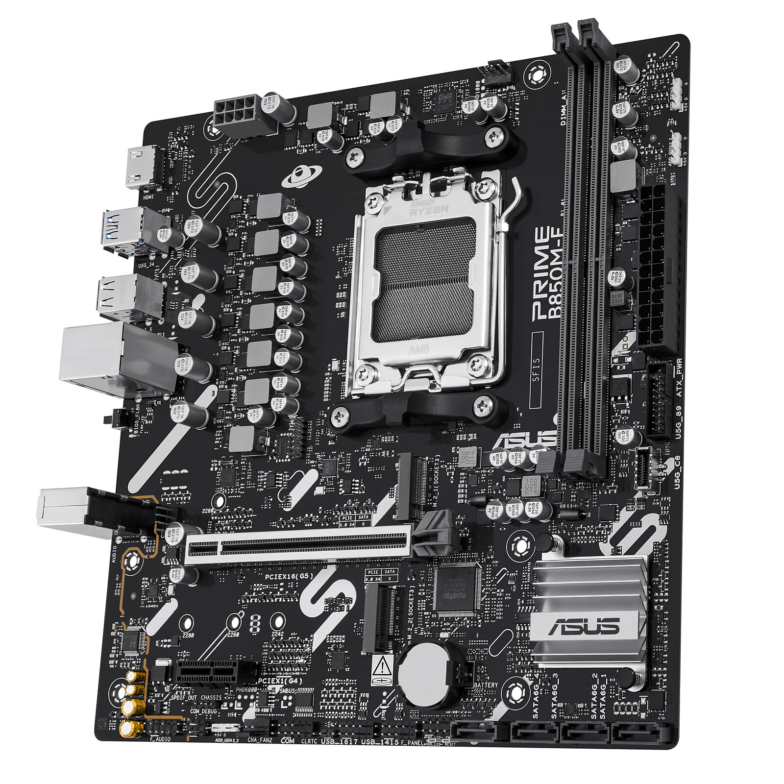 Carte mère noire ASUS Prime B850M-F avec divers ports, emplacements et composants. Inclut le socket CPU, les slots RAM et les connecteurs.