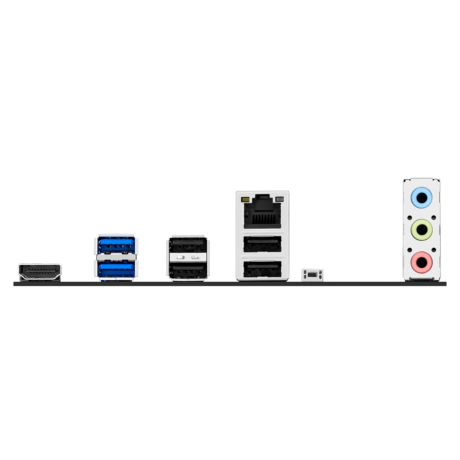 Panneau arrière d'un ordinateur avec divers ports : HDMI, USB, Ethernet et prises audio. Fond noir, fond blanc.