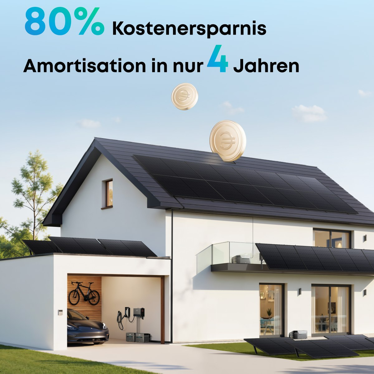 Ein modernes Haus mit Sonnenkollektoren auf dem Dach. Zwei Münzen mit Euro-Symbol schweben. Text zeigt 80% Kostenersparnis.