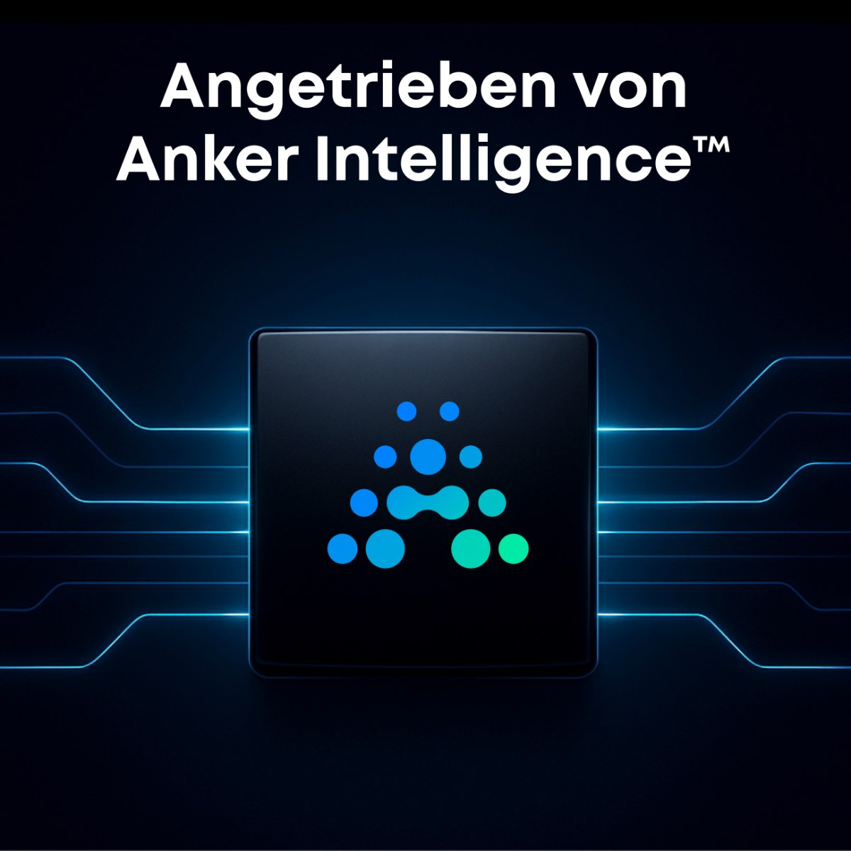 Dunkler Hintergrund mit Text. Ein schwarzes Quadrat mit blauen und grünen Punkten. Lichtlinien gehen vom Quadrat aus.