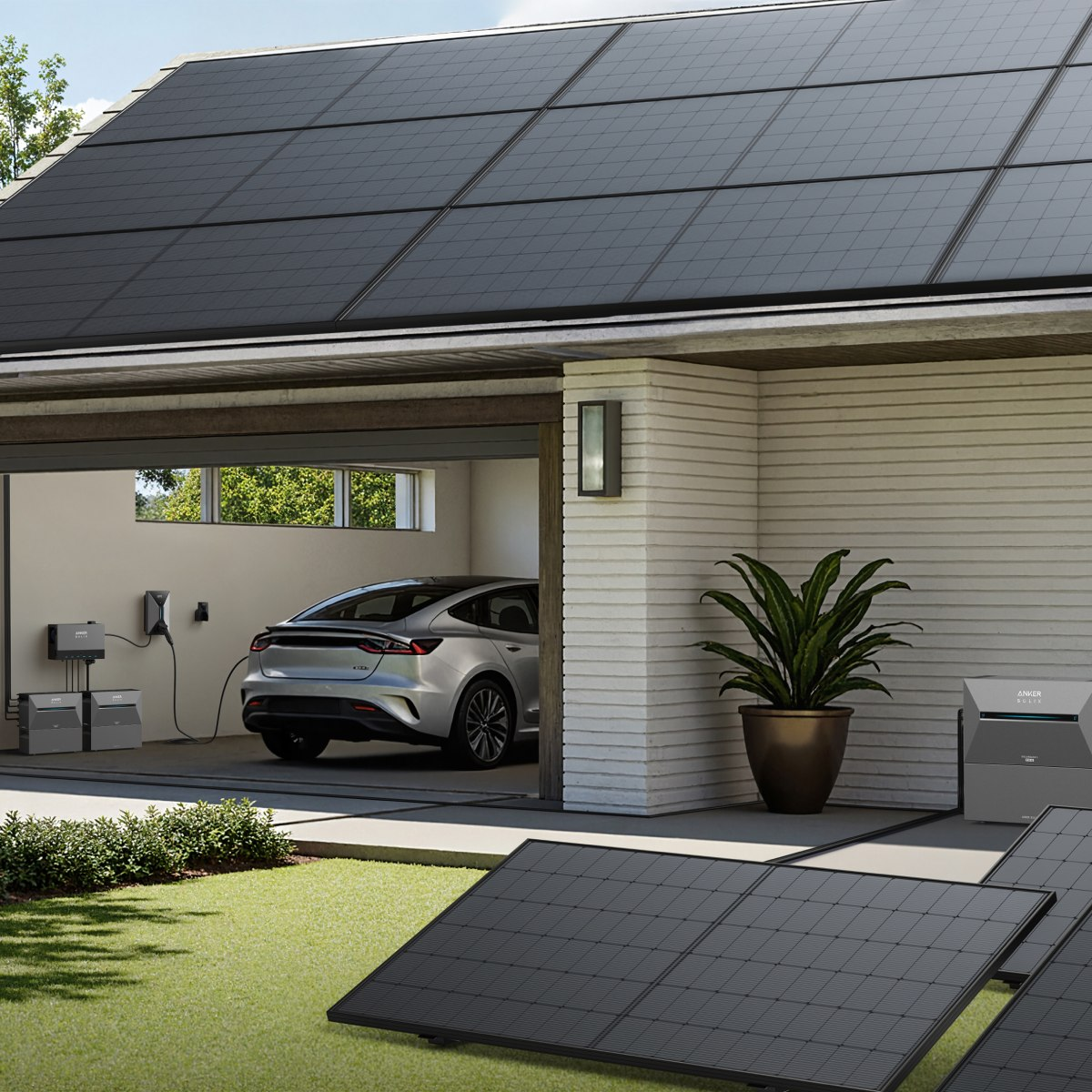 Ein Haus mit Sonnenkollektoren auf dem Dach. Ein Auto wird in der Garage aufgeladen. Es gibt eine Batterie und eine Pflanze.