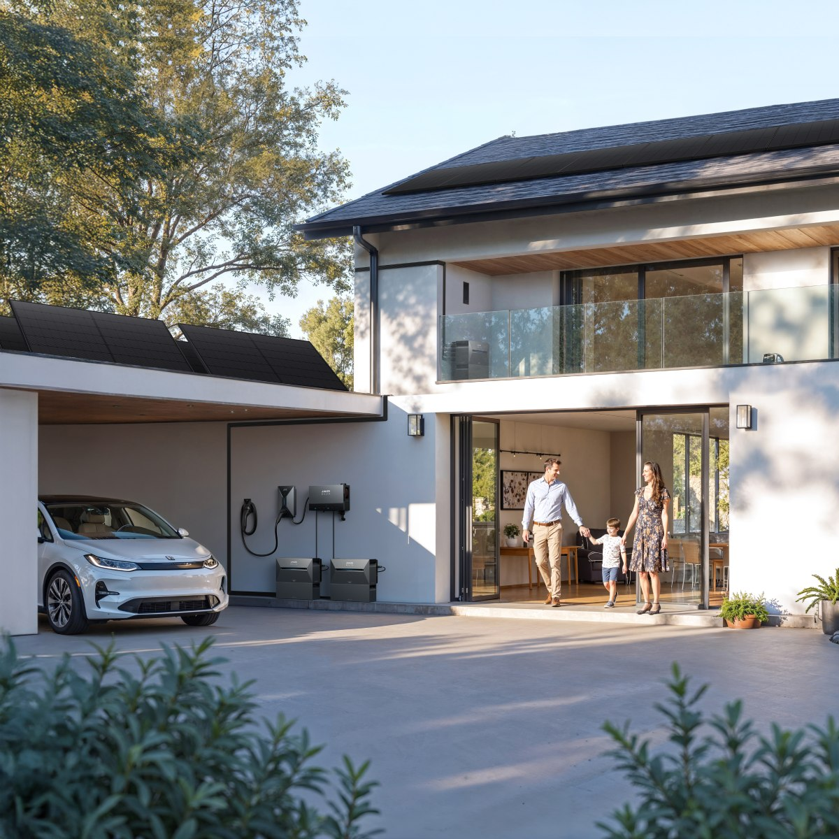 Familie geht aus einem modernen Haus. Ein weißes Auto steht in der Garage. Sonnenkollektoren auf dem Dach. Heller Sonnentag.