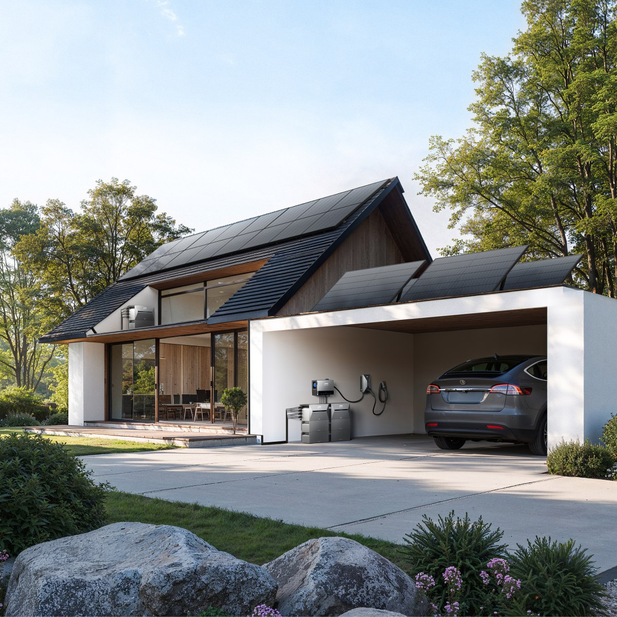 Modernes Haus mit Solarmodulen, Garage mit grauem Elektroauto und Ladestation. Bäume und blauer Himmel im Hintergrund.