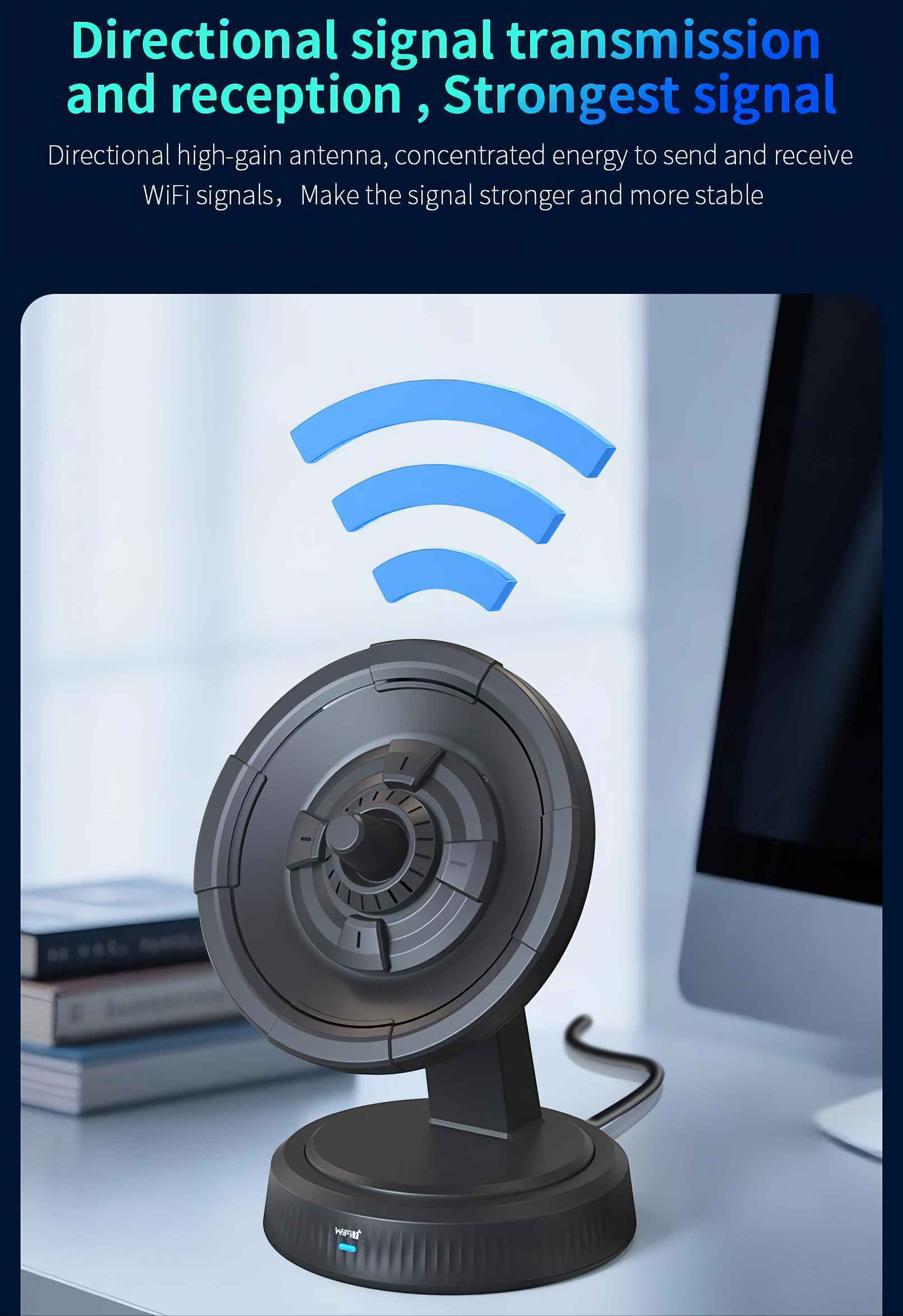 Eine schwarze Antenne mit drei blauen Signalindikatoren auf einem Schreibtisch. Im Hintergrund ein Computerbildschirm.