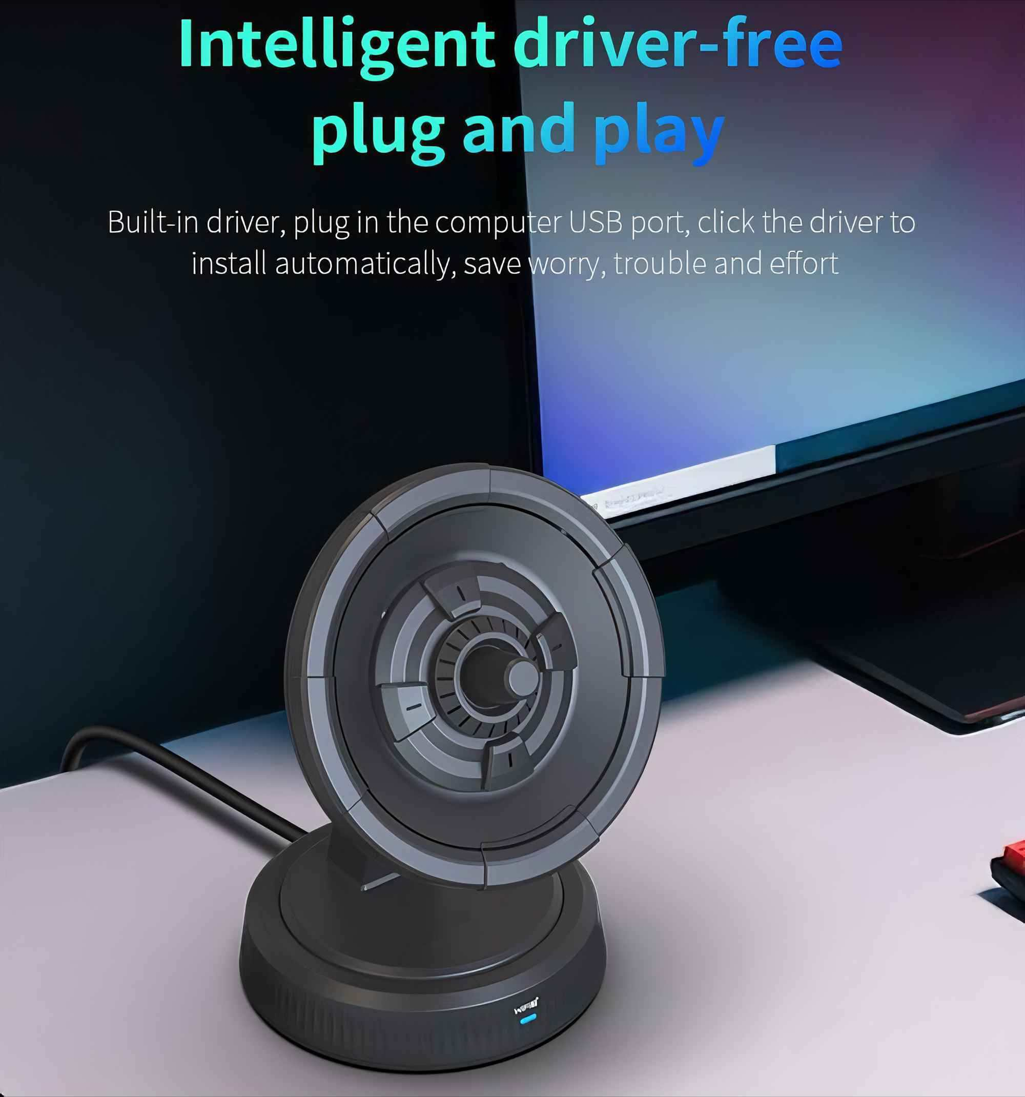 Ein schwarzes Gerät steht auf einem Ständer in der Nähe eines Computerbildschirms. Text: Intelligentes treiberfreies Plug-and-Play.