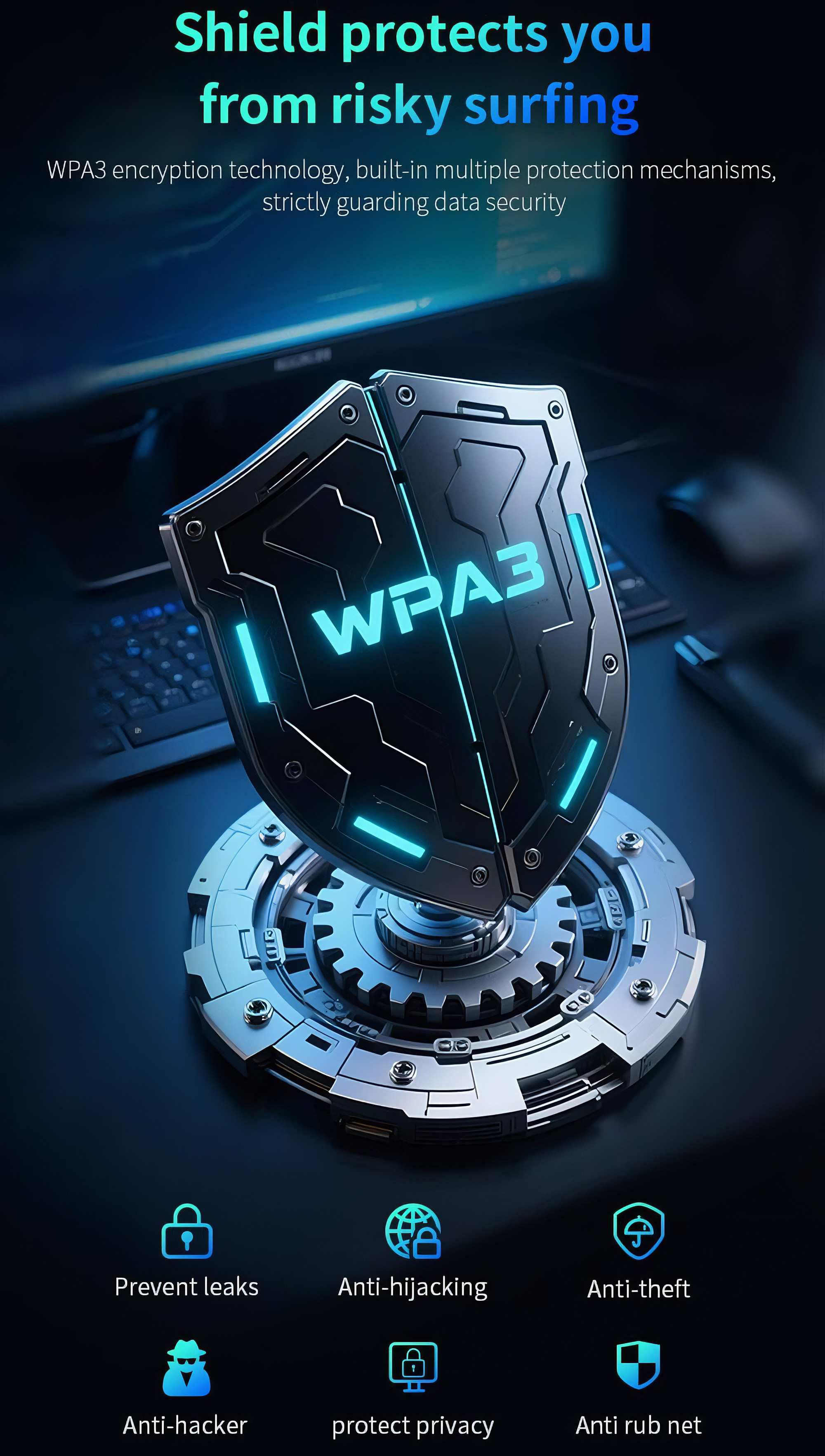 Ein Schild mit WPA3 auf mechanischer Basis, darunter Sicherheitssymbole, alles vor dunklem blauem Hintergrund.
