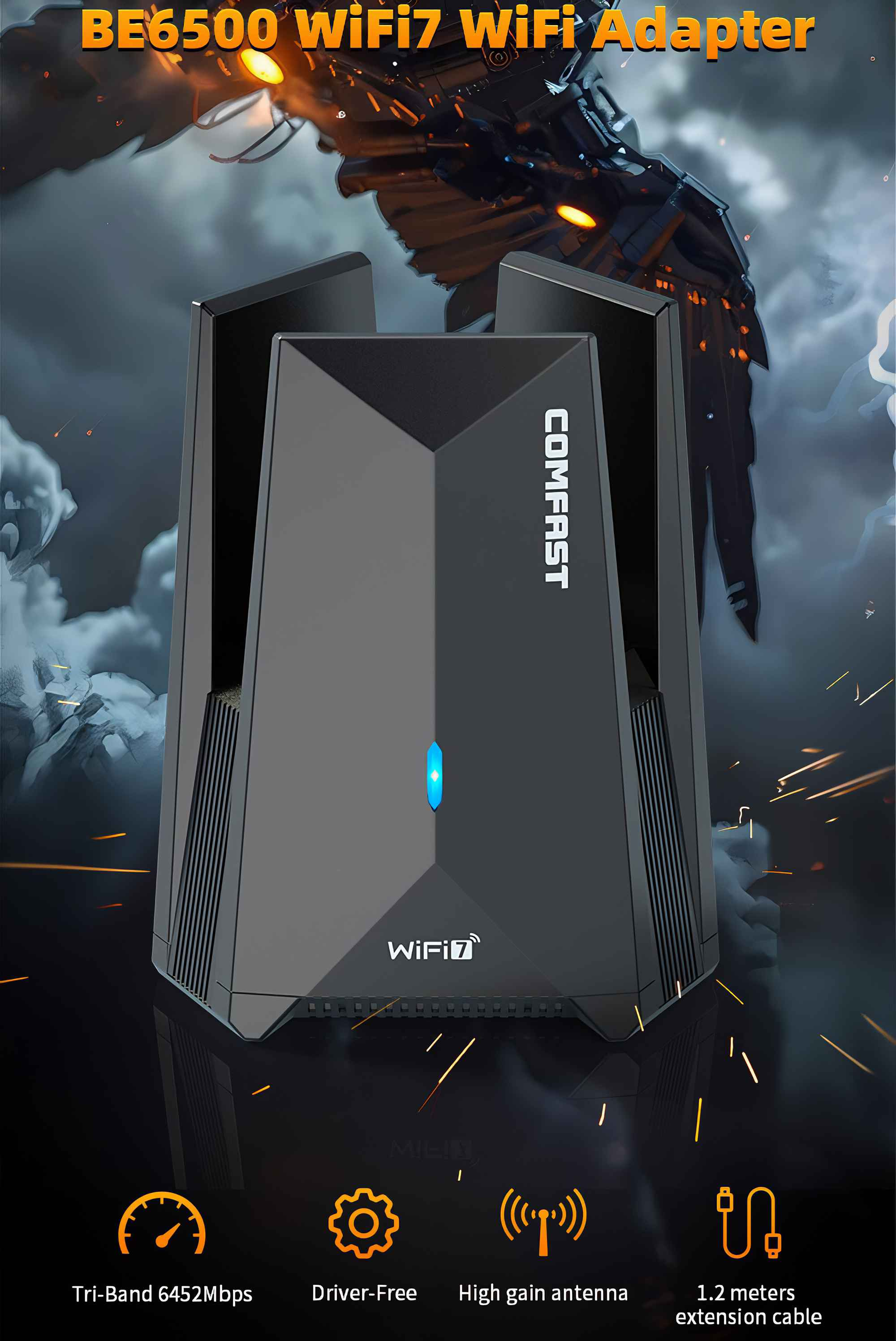 Ein WiFi 7-Adapter wird gezeigt. Er ist schwarz mit der Marke COMFAST. Zu den Merkmalen gehören eine Hochleistungsantenne und ein 1,2 Meter langes Kabel.