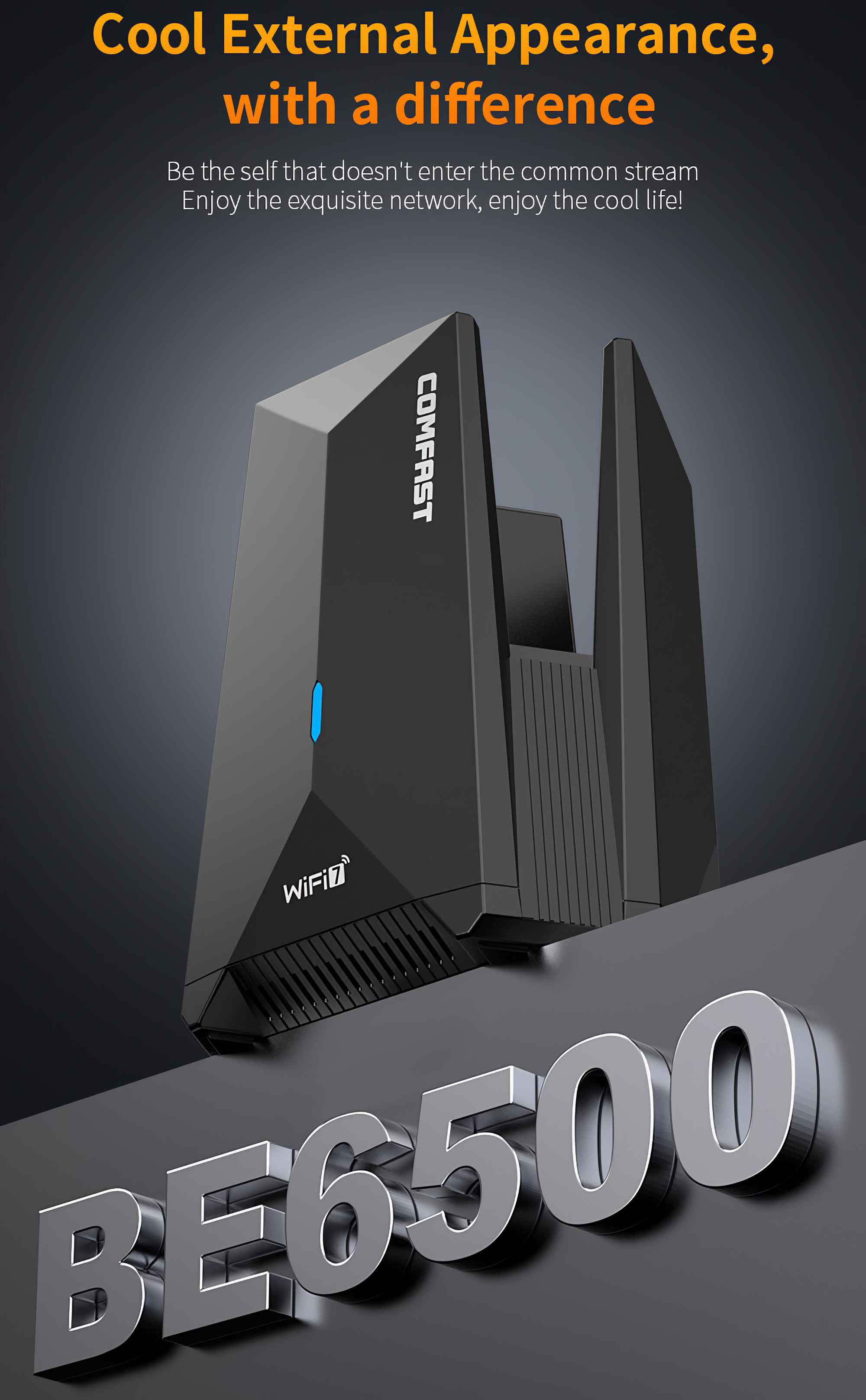 Ein schwarzer WLAN-Router mit dem Text 'COMFAST' und 'WiFi 7'. Die Zahl 'BE6500' ist im Vordergrund.