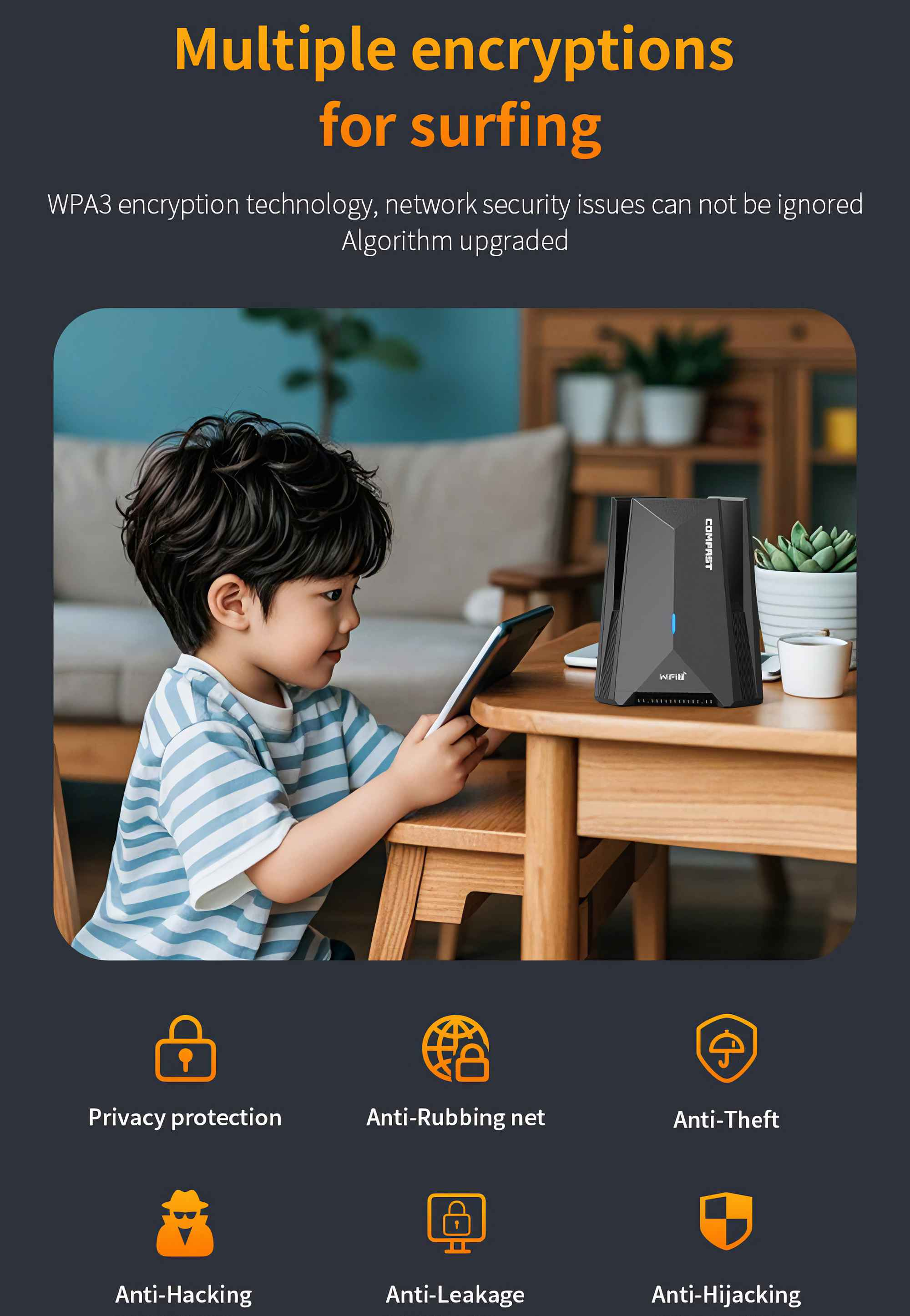 Ein Kind benutzt ein Tablet in der Nähe eines Routers. Das Bild wirbt mit Symbolen für Netzwerksicherheit.