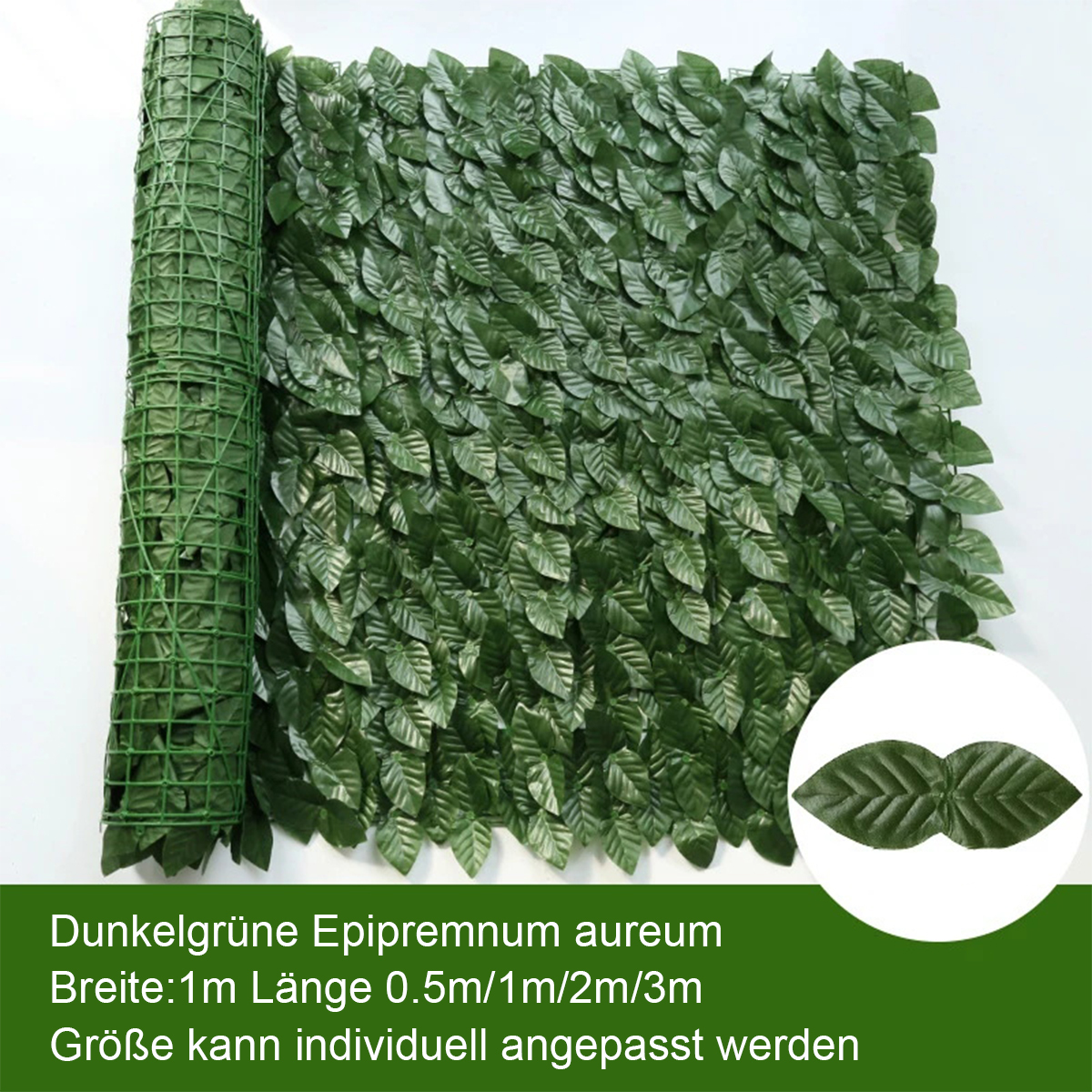 Eine Rolle dunkelgrüner Kunstblätter mit Netzrücken. Die Blätter sind dicht gepackt. Ein freistehendes Blattpaar wird gezeigt.