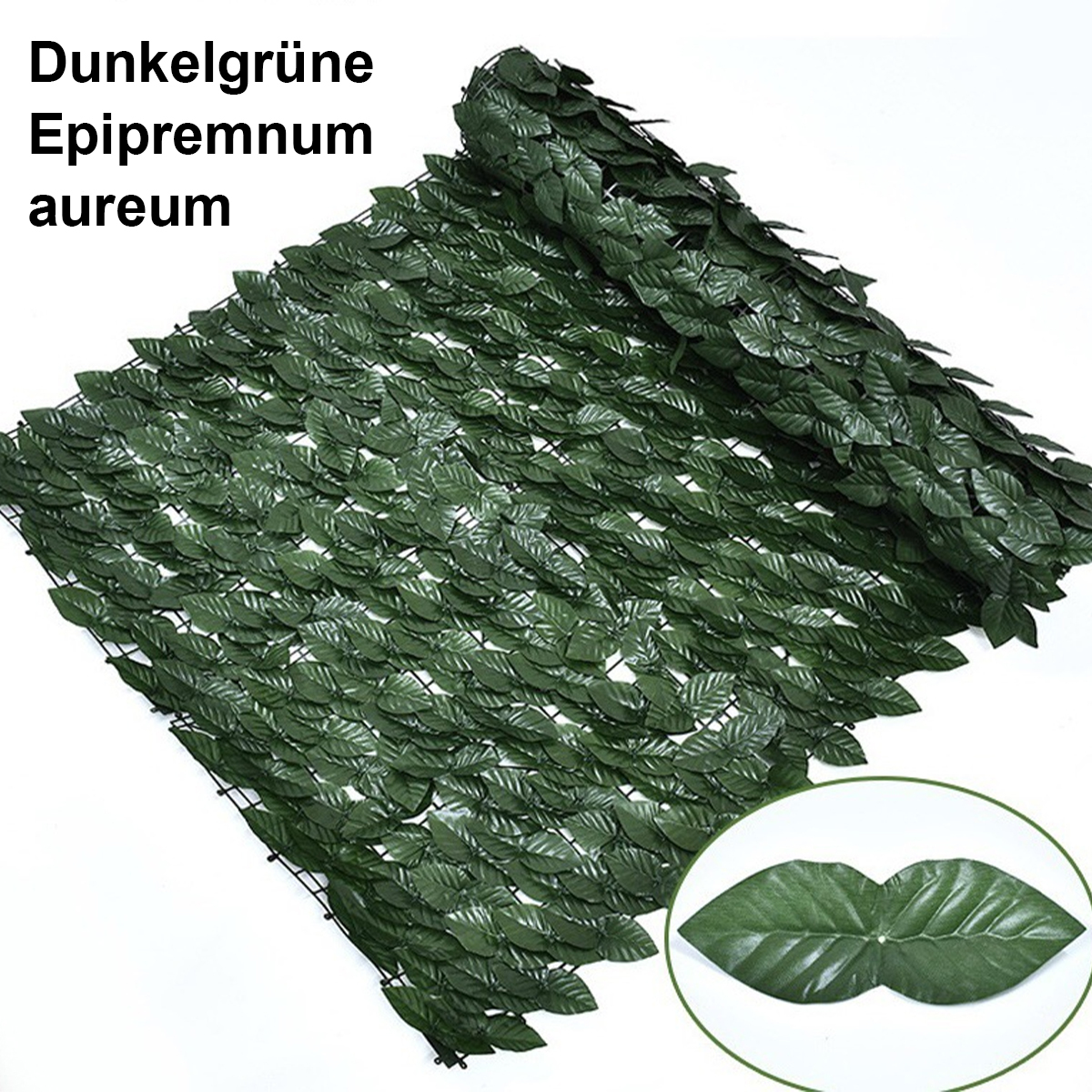 Eine dunkelgrüne künstliche Laubrolle und eine Blattprobe. Die Blätter sind an einem Gitter befestigt.