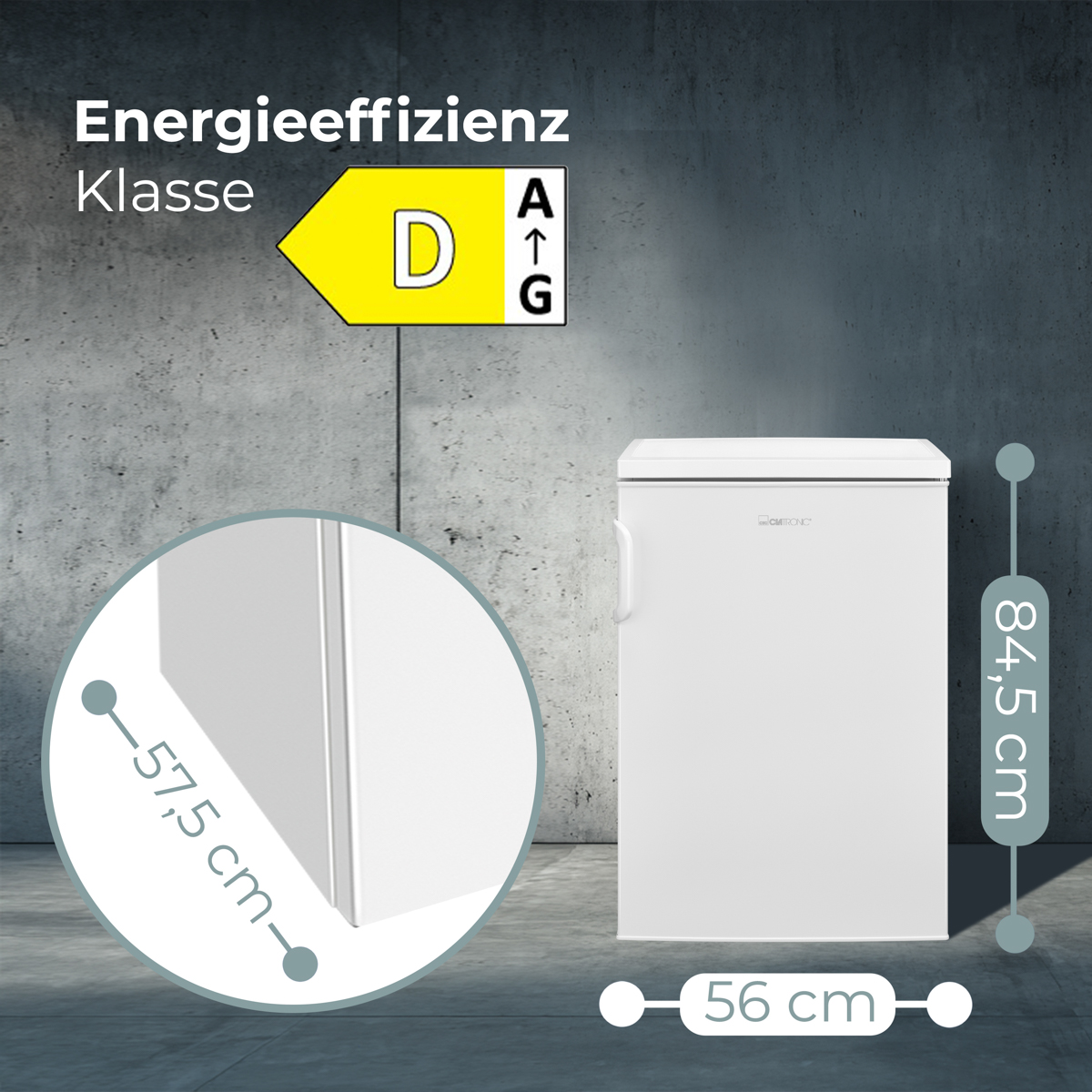 Weißer Gefrierschrank mit Energieeffizienzlabel. Maße: 56 cm breit, 84,5 cm hoch. Die Energieklasse ist D.