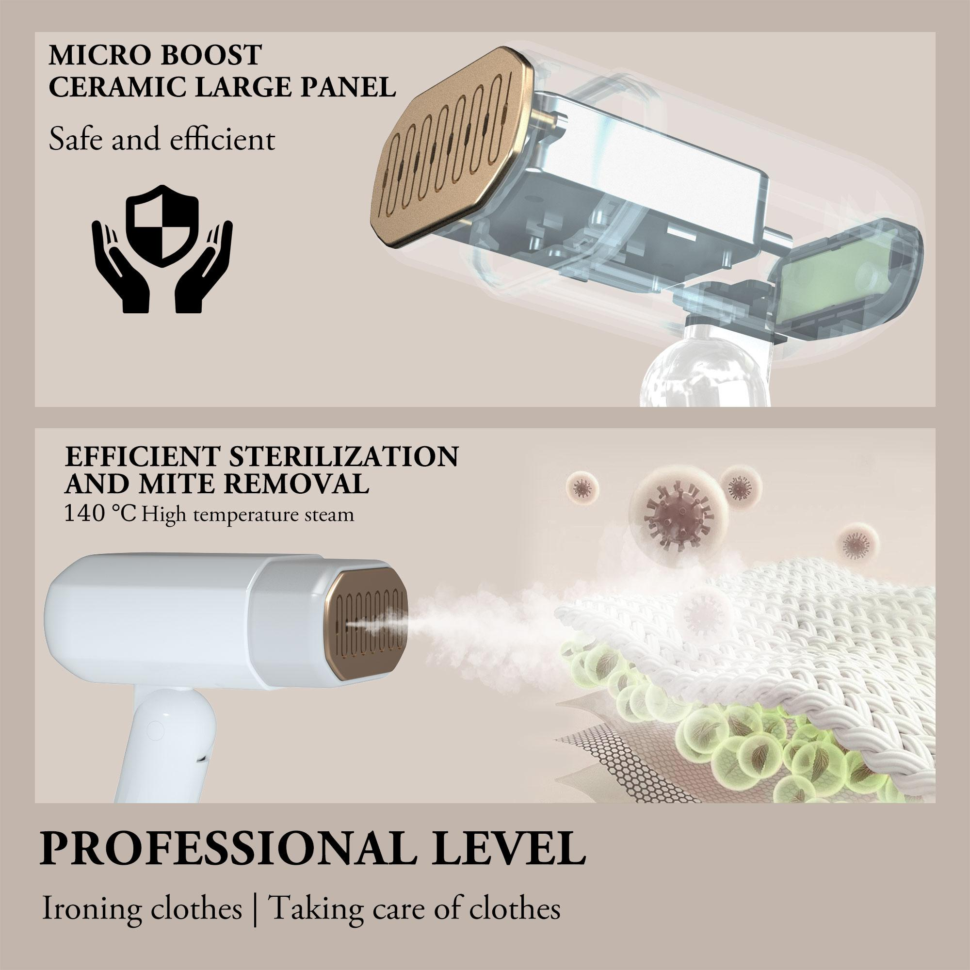 Ein weißes und goldenes Bügeleisen, Dampf steigt auf. Text: Micro Boost Ceramic Panel, Efficient Sterilization, Professional.