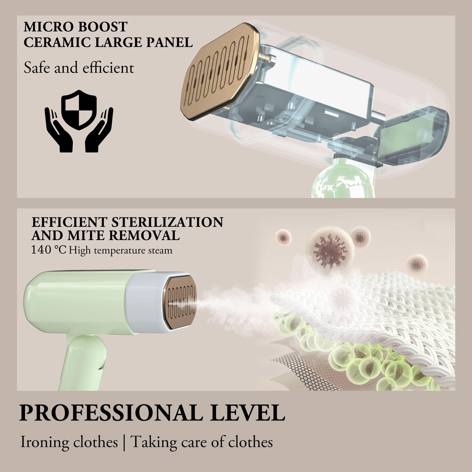 Eine Illustration zeigt ein Dampfbügeleisen, Dampf und Text über Sterilisation und Milbenentfernung.