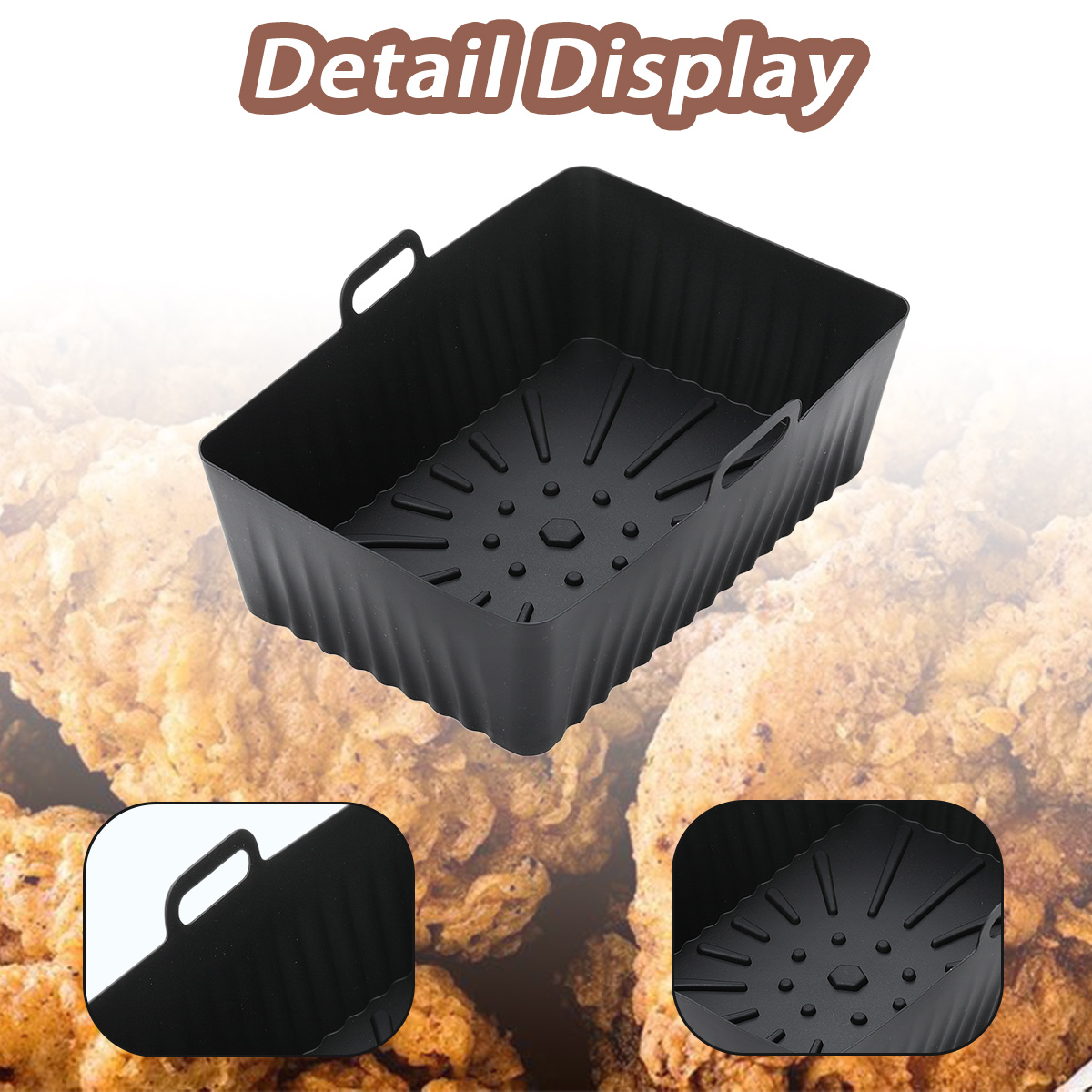 Schwarzer rechteckiger Luftfritteusenkorb mit Griffen, geriffelten Seiten und perforiertem Boden. Im Hintergrund ist frittiertes Essen zu sehen.