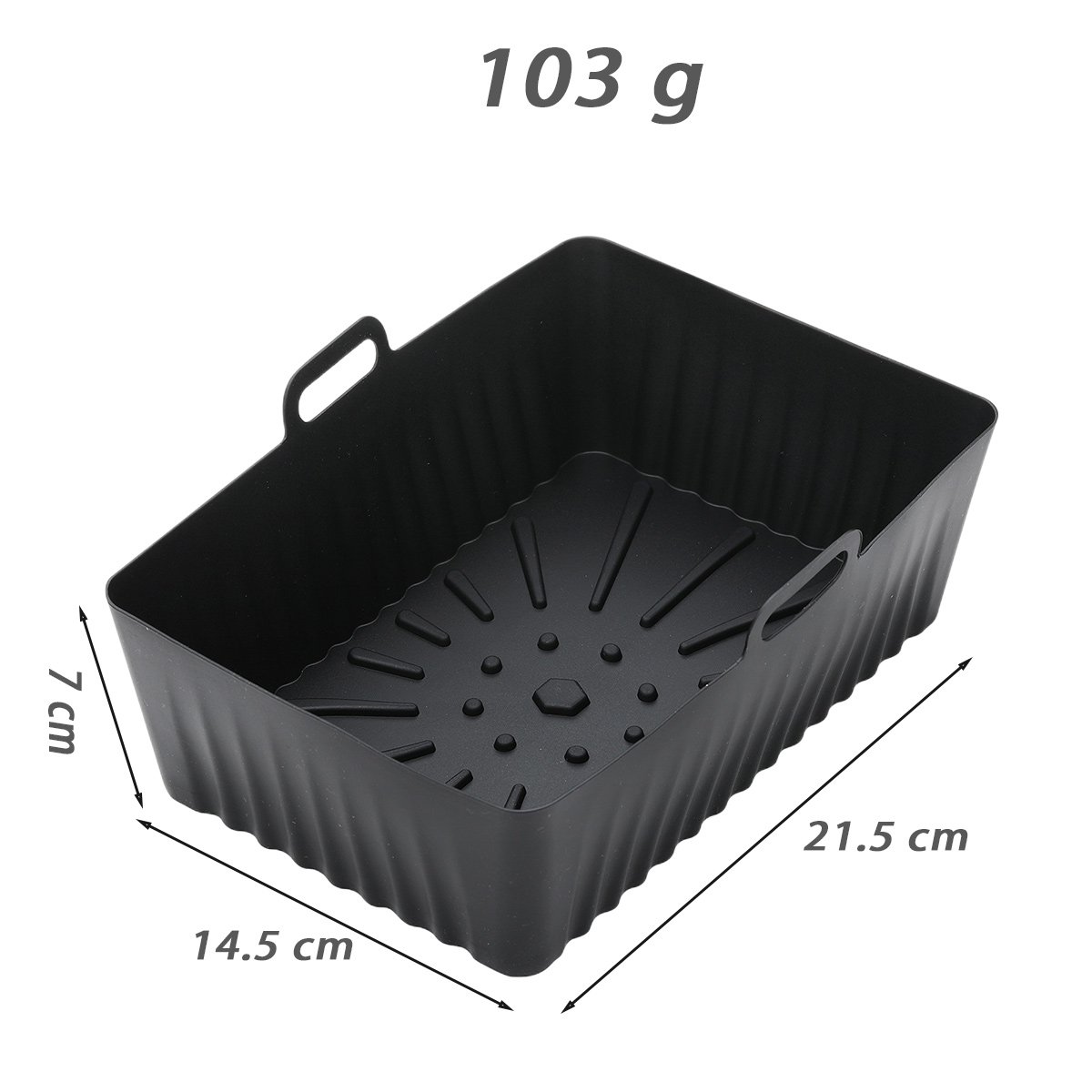 Ein schwarzer rechteckiger Luftfritteusenkorb mit beschrifteten Abmessungen. Er wiegt 103g. Maße sind 14,5 cm, 21,5 cm und 7 cm.