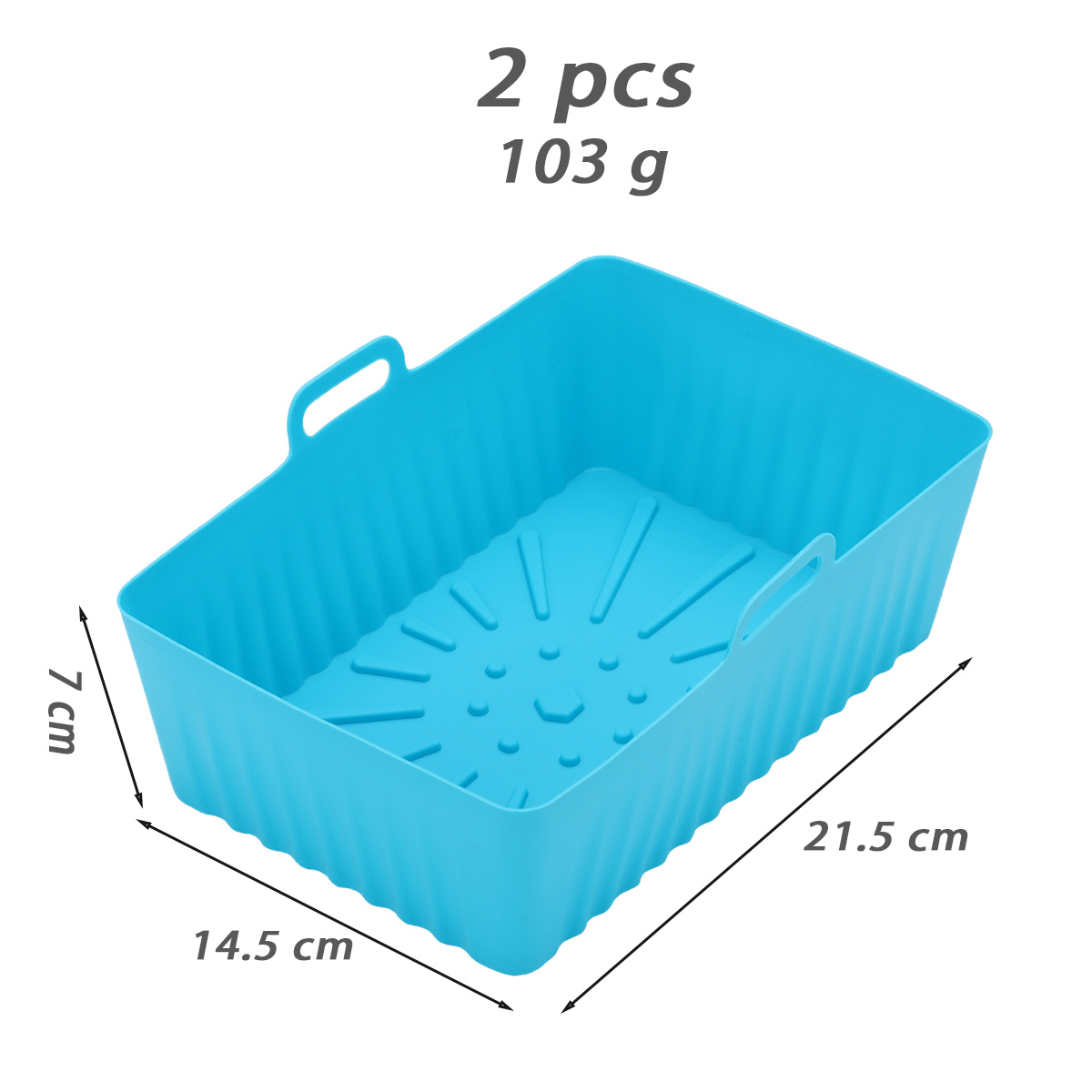 Ein blauer rechteckiger Backkorb mit Griffen. Abmessungen sind 14,5 cm x 21,5 cm x 7 cm. Text: 2 Stück, 103 g.