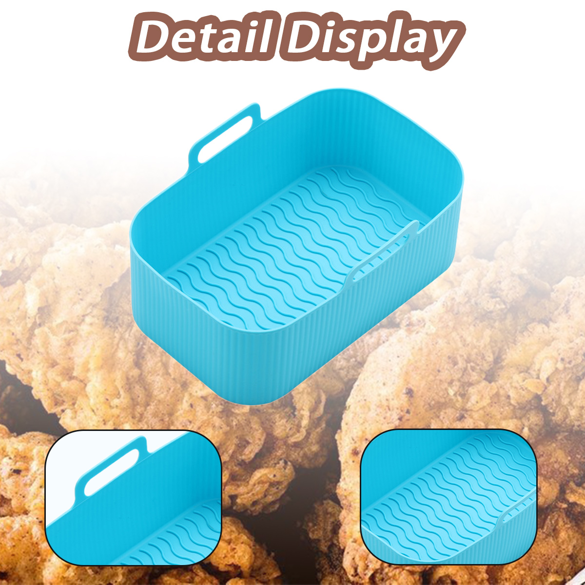 Ein blauer Silikon-Airfryer-Korb mit Griffen, welligem Boden und einem Hintergrund mit frittiertem Essen. Detailanzeigetext oben.