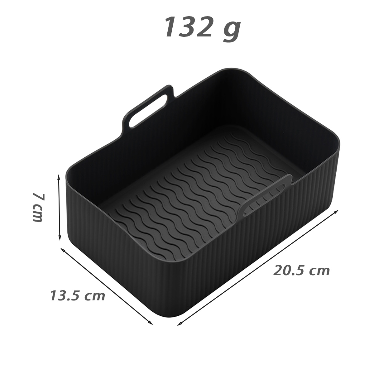 Ein schwarzer rechteckiger Airfryer-Korb mit beschrifteten Abmessungen. Er hat einen Griff und ein wellenförmiges Muster innen. Gewicht 132g.