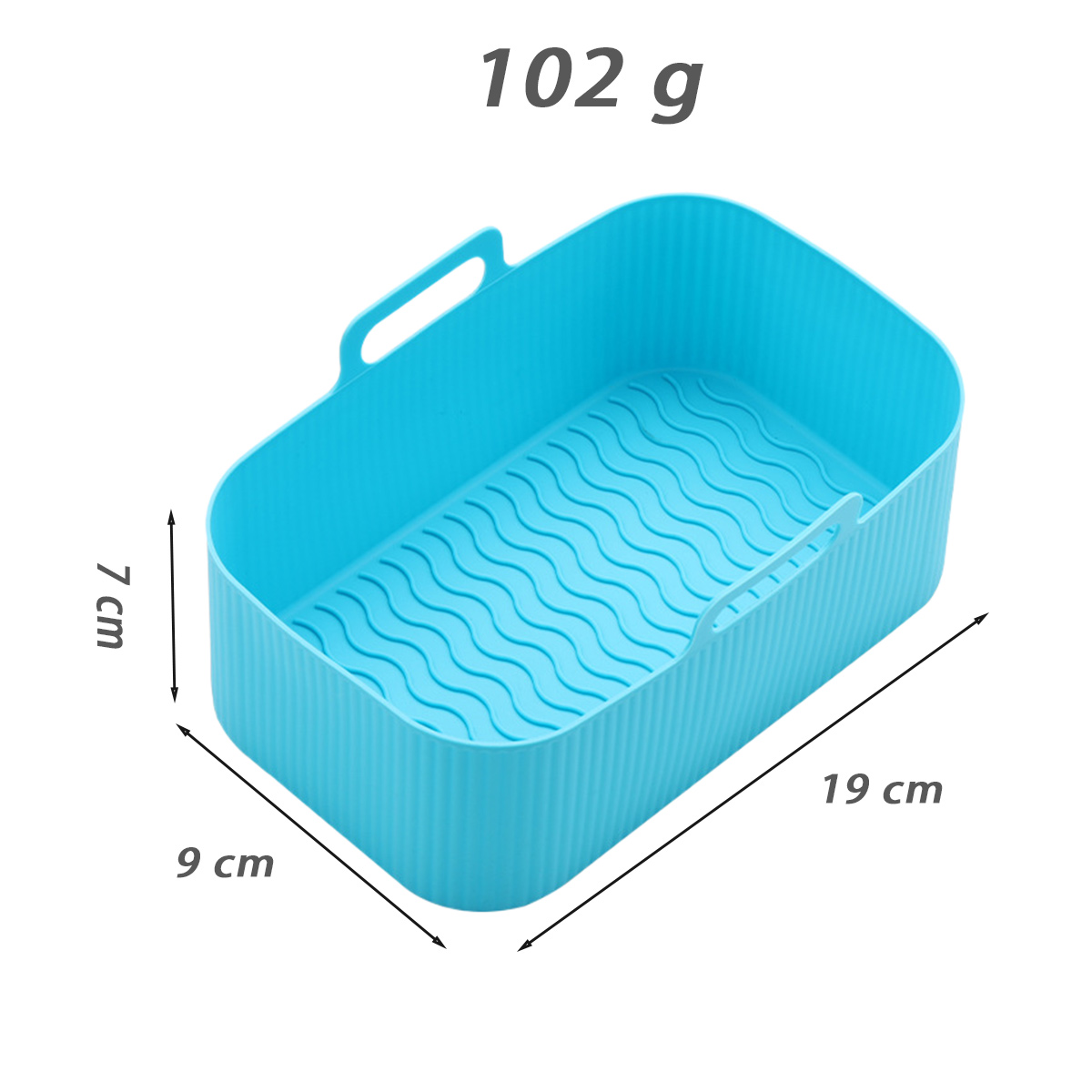 Ein blauer Silikon-Airfryer-Korb. Abmessungen: 19x9x7 cm. Gewicht: 102g. Mit Griffen und Wellenmuster am Boden.